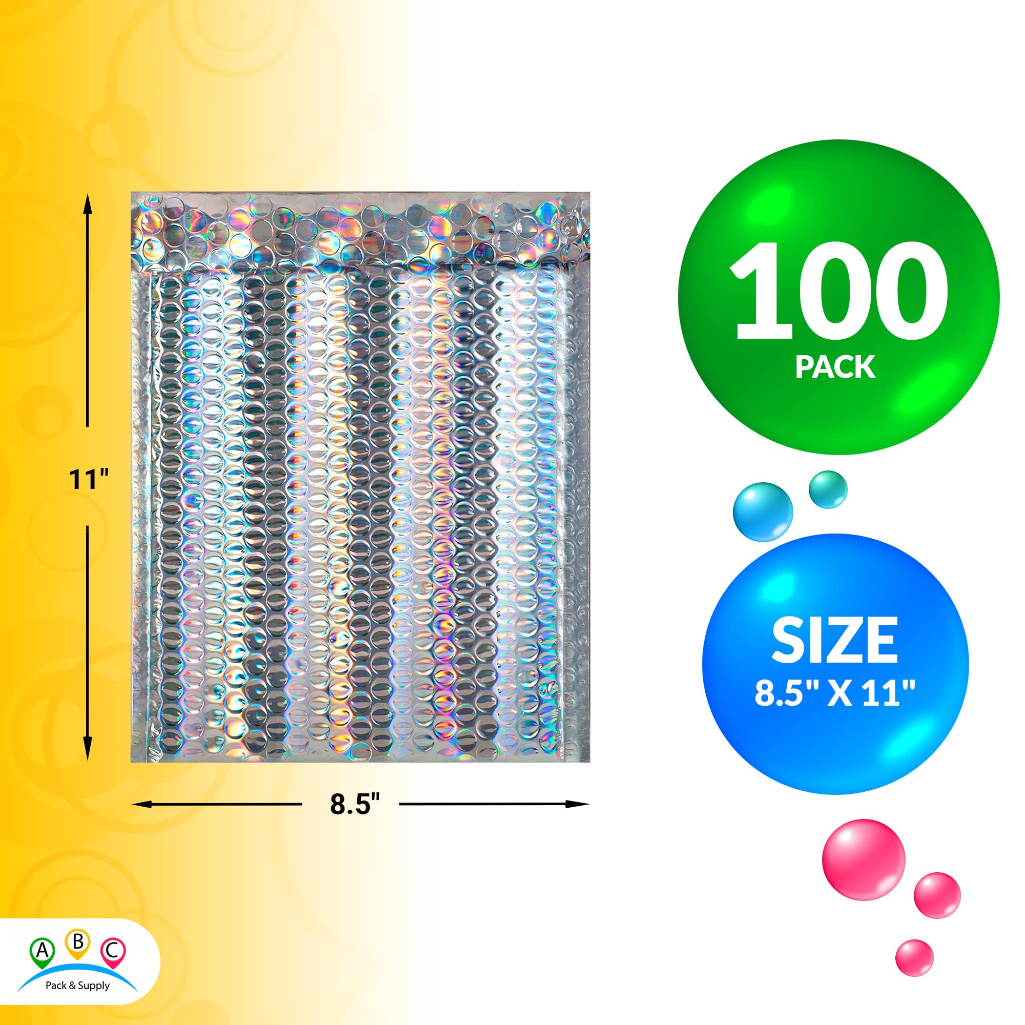 ABC Holographic Metallic Bubble Mailers - 8.5x11 Inch Waterproof Poly Envelopes (100 Pack) | Self-Sealing Shipping Bags for Ecommerce, Jewelry & Small Items | Durable Metallic Packaging for Online Stores & Gift Wrapping