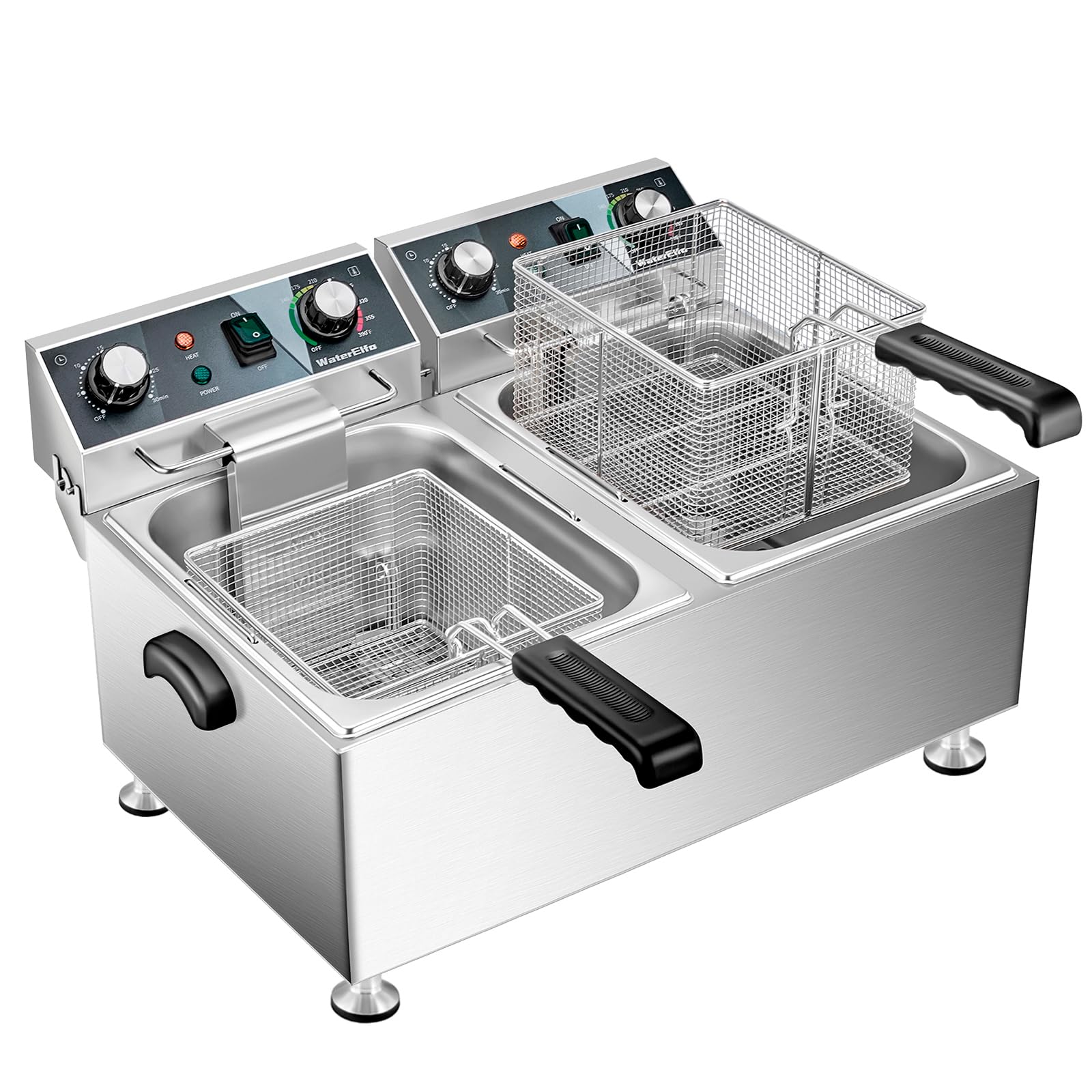 Commercial Deep Fryer 13L x 2 (13.7Qt x 2) with Precise Temperature Control & Timer - 1800W x 2, 120V Countertop Restaurant Fryer with 2 Baskets - Perfect for Fast Food, Chicken Wings, French Fries, and Seafood Cooking