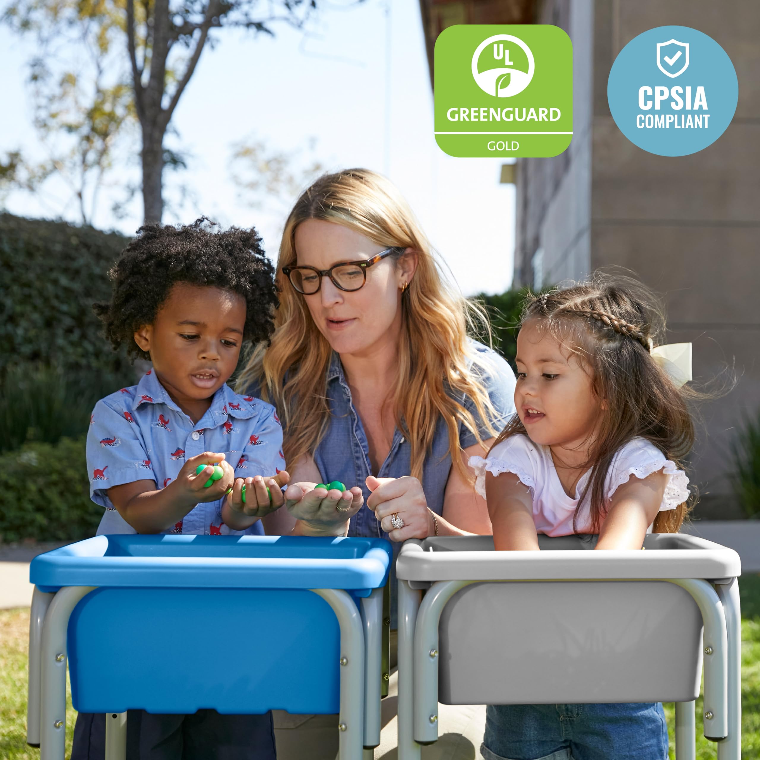 ECR4Kids Adjustable 2-Station Sand and Water Play Table with Sensory Bins - Grey & French Blue for Kids' Outdoor & Indoor Sensory Play Activities