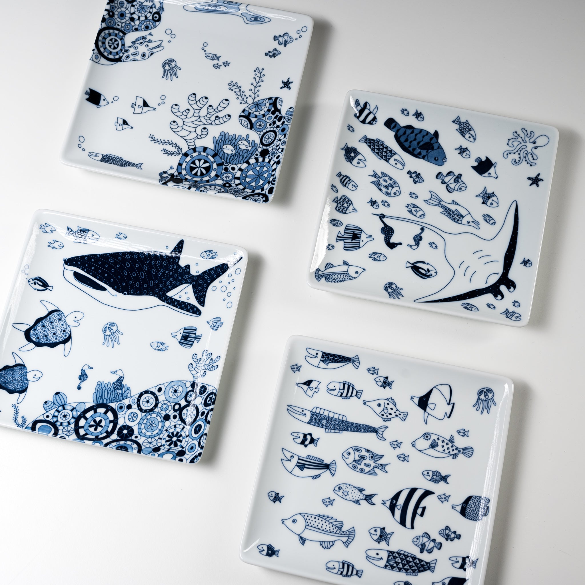Hasami Ware Aquarium Square Plate - 17cm Ceramic Dish Set of 4, Handmade Japanese Porcelain for Sushi, Desserts & Home Decor | Bizen-yaki Style Tableware