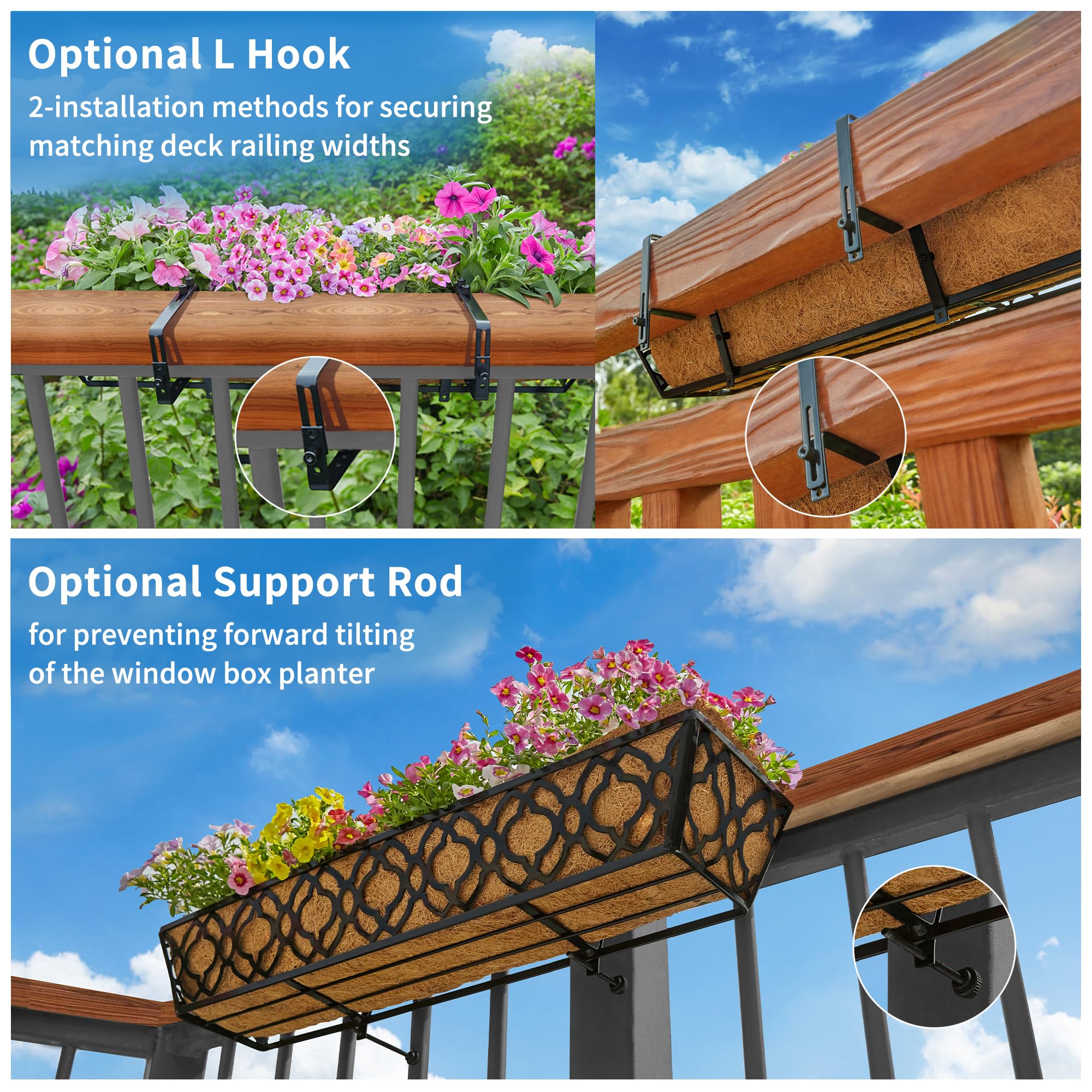 2 Pack 24 Inch Metal Window Box Planter with Coconut Coir Liner - Hanging Flower Basket for Deck, Railing, Indoor & Outdoor Use - Perfect for Herbs, Flowers, and Home Gardening Decor
