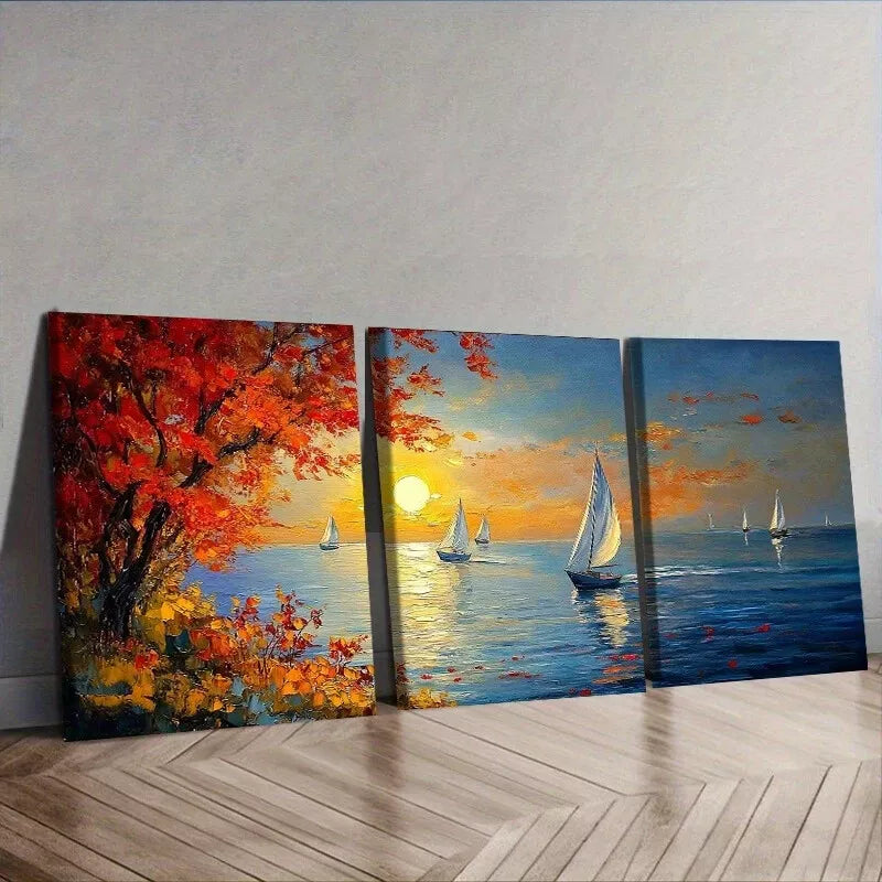 3-Piece Serene Sailboat Sunset & Vibrant Autumn Wall Art Set - Framed Canvas 50x70cm (20x28in) - High Quality Australian Made Prints - Ready to Hang - Perfect for Living Room, Bedroom or Office Decor