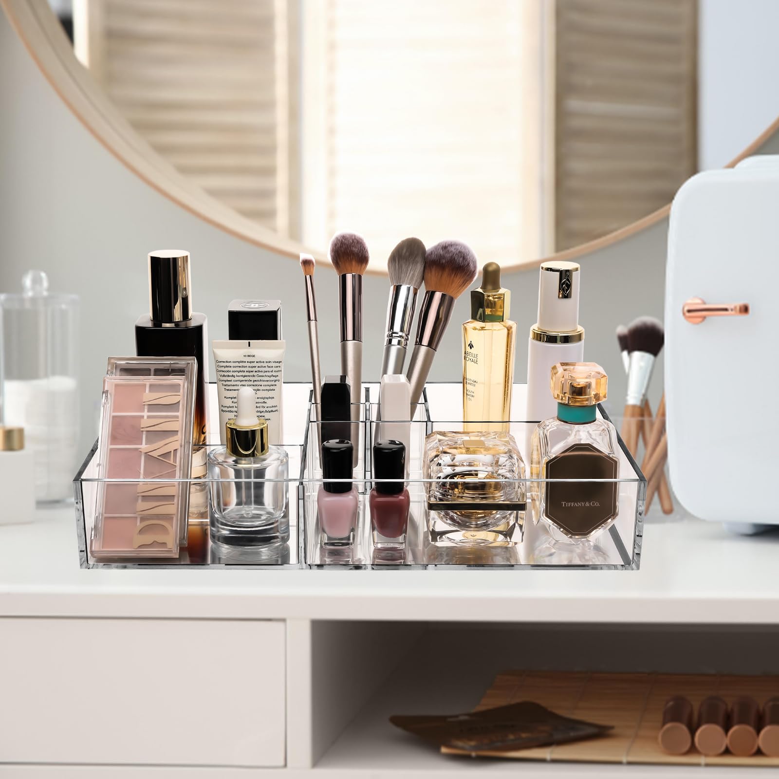 Clear Large Makeup Organizer with 8 Divided Cosmetic Slots - Countertop Vanity Storage for Bathroom, Dresser & Drawer Organization | Perfect for Cosmetic Display, Travel & Daily Beauty Routine