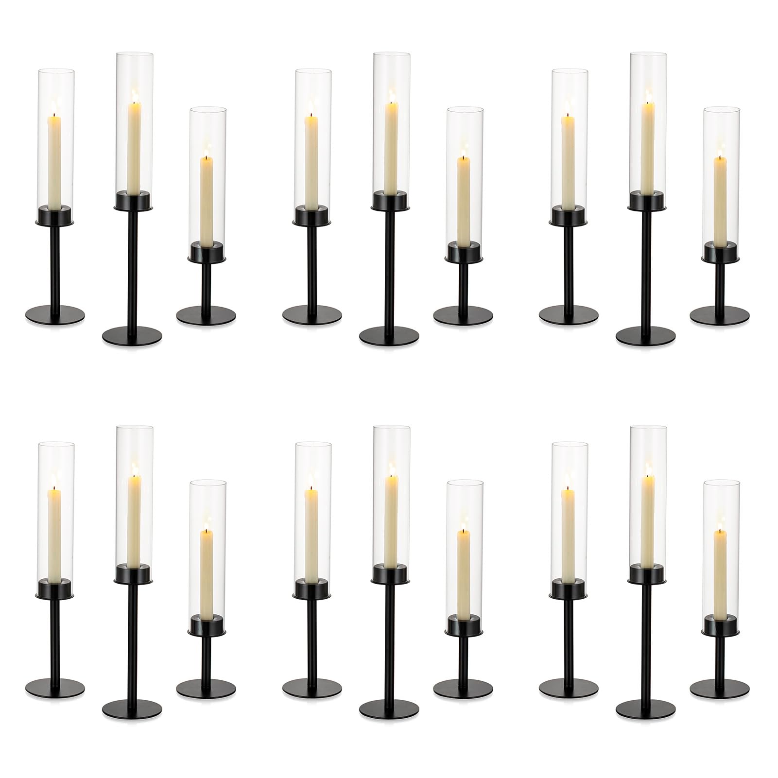 NUPTIO 18-Piece Black Hurricane Candle Holders Set with Crystal Glass Cylinder Sleeves - Metal Taper Candle Stick Holders for Christmas, Thanksgiving, Weddings & Party Centerpieces - Elegant Table Decor for Dining Room, Fireplace Mantel & Holiday Events