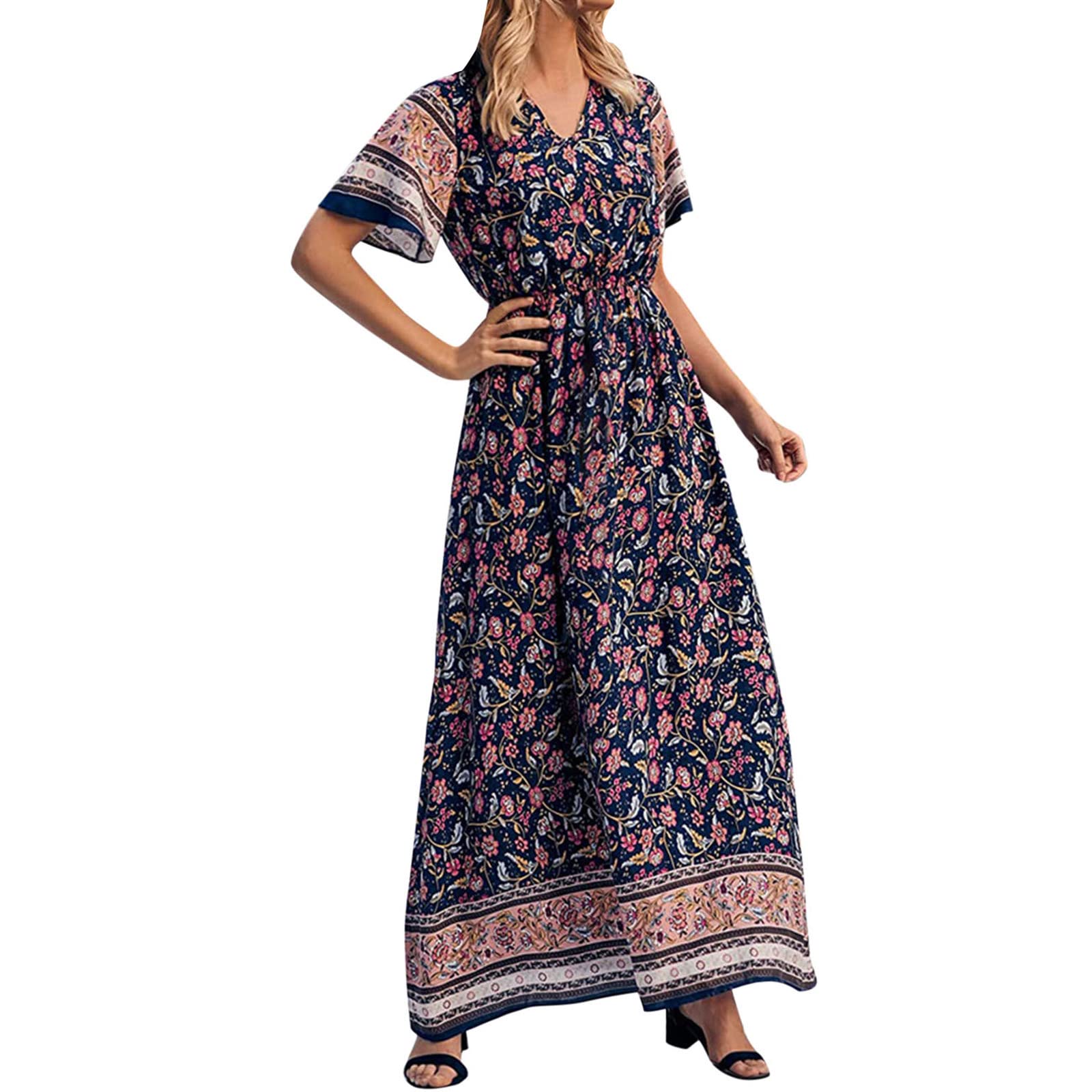 Women's Bohemian Summer Maxi Dress - Flowy Short Sleeve V-Neck Swing Dress for Travel & Vacation | Casual Beach Dress, Outdoor Date Night, Music Festival Outfit