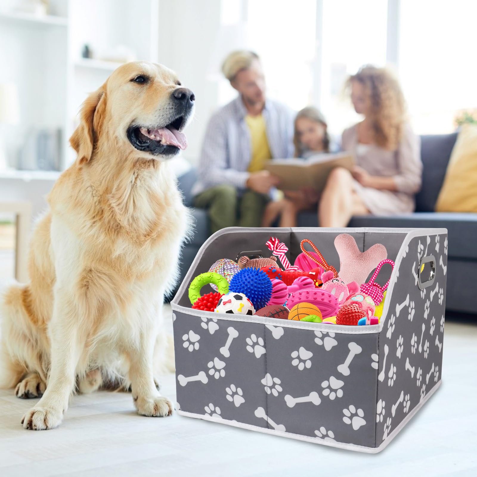 Foldable Dog Toy Storage Bin with Handle - Pet Toy Organizer Box for Blankets, Shelves & Closet - Bone Claw Design - Perfect for Home, Nursery & Playroom Organization