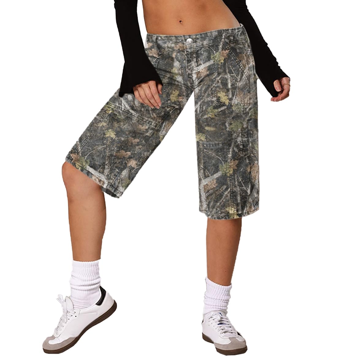 Women's Camo Shorts - Y2K Maple Leaf Print Baggy Jorts, Casual Long Denim Bermuda Shorts with Pockets | Perfect for Hiking, Streetwear & Summer Outfits