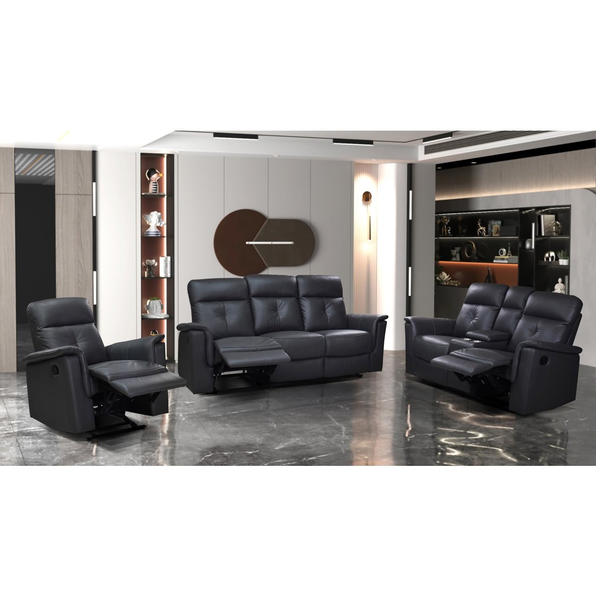 Ellesmere Dark Grey Reclining Sofa Set - 3-Piece Comfortable Living Room Furniture for Home Theater & Family Relaxation