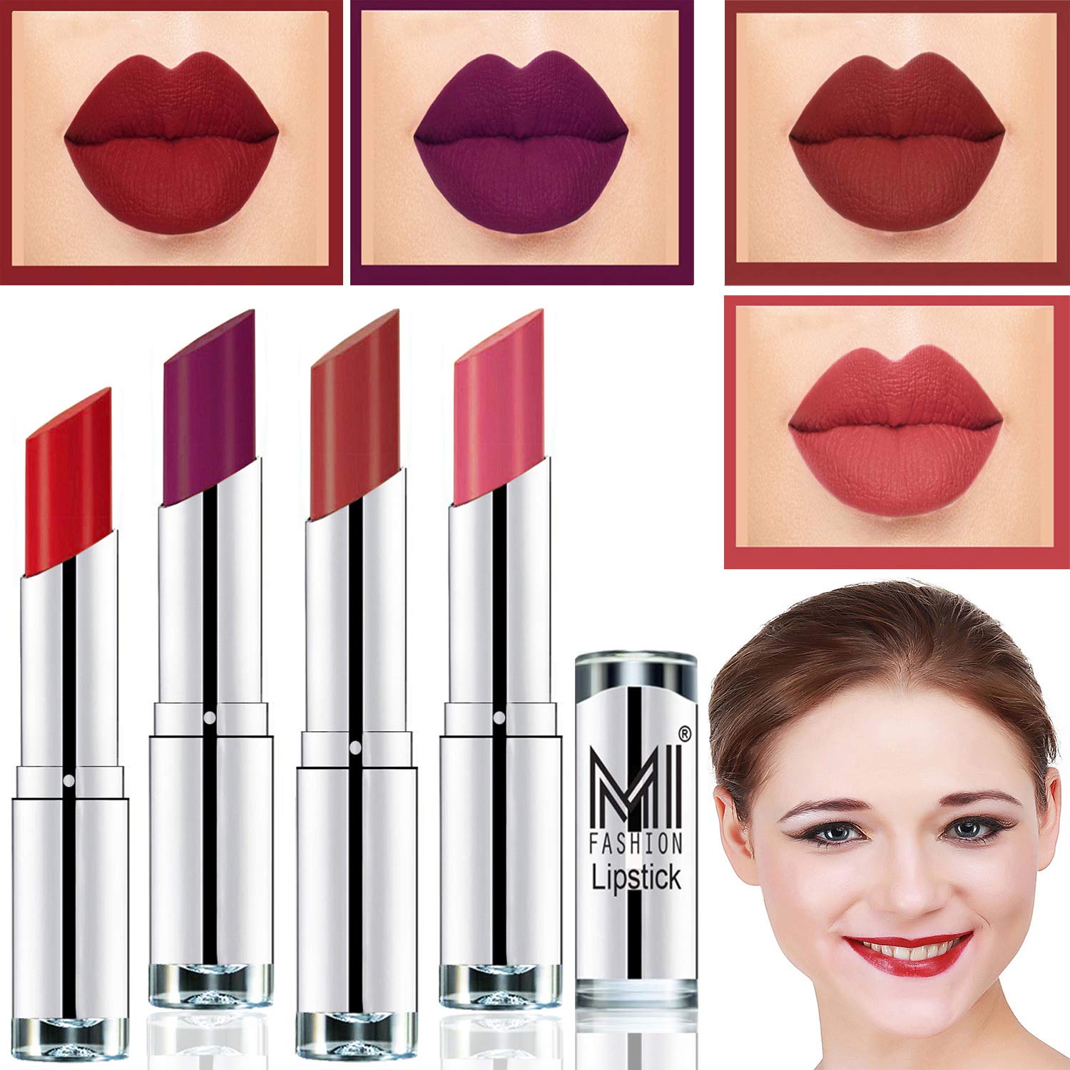 MI Fashion Long-Lasting Matte Lipstick Set of 4 - Red Alert, Purple Passion, Brick Red, Pink Wink | 9-Hour Wear, Moisturizing Formula | Perfect for Work, Date Night & Special Occasions