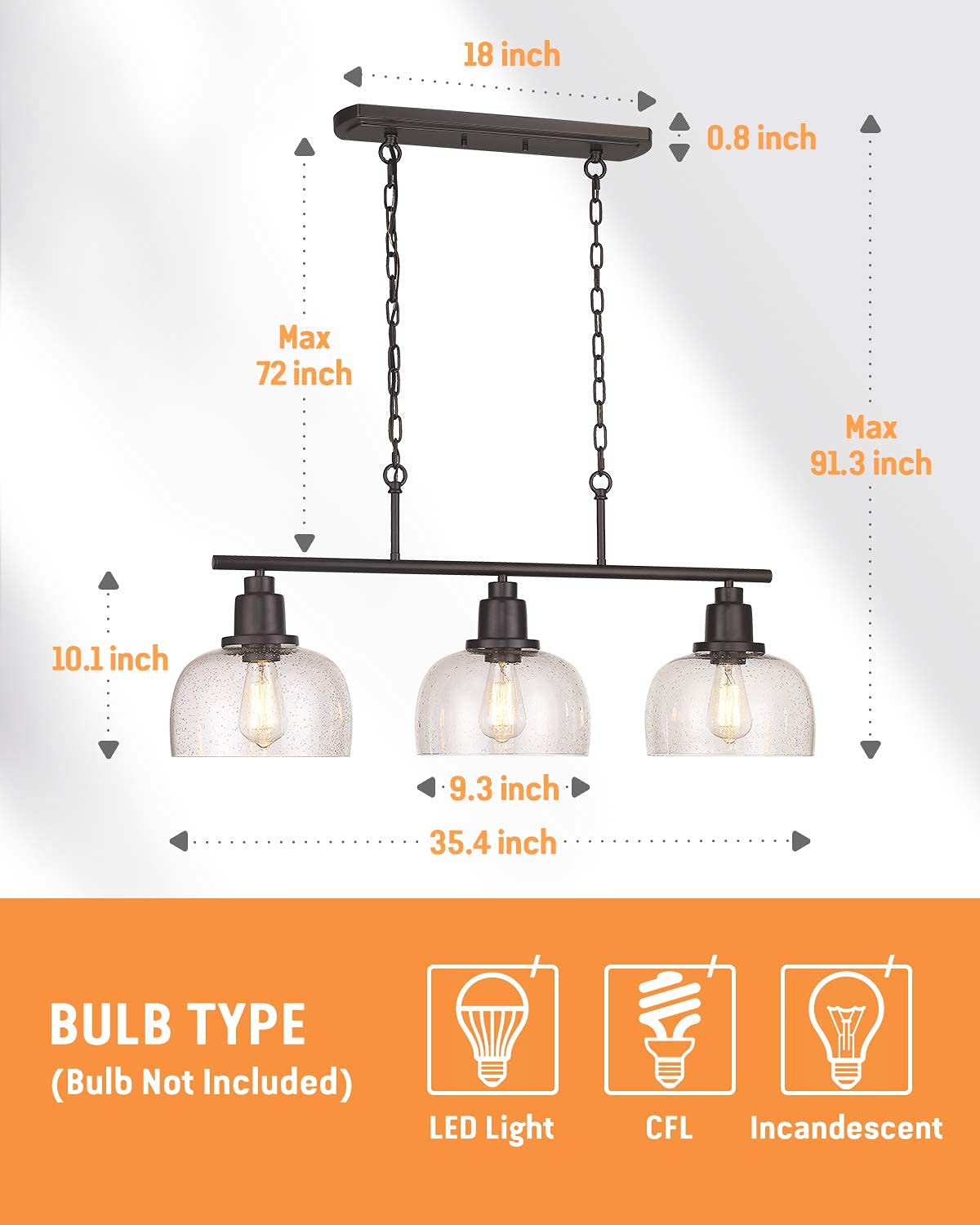 EAPUDEN 3-Light Linear Chandelier & 2-Light Farmhouse Ceiling Light in Oil Rubbed Bronze with Seeded Glass - Modern Kitchen Island Lighting, Dining Room, Foyer, Hallway, Entryway - Perfect for Farmhouse, Rustic & Industrial Home Decor