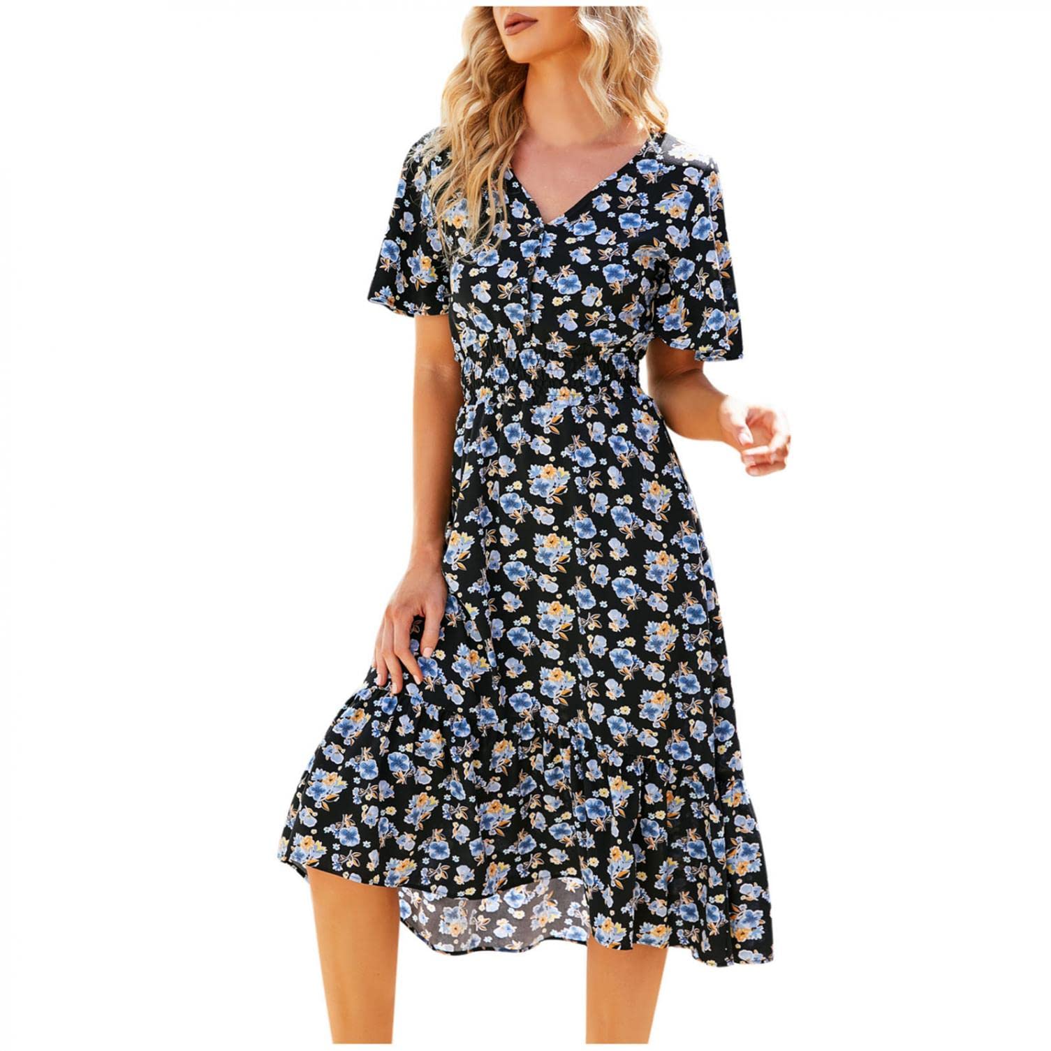 Women's Floral Tie Front Ruffle Mini Dress - V Neck Short Sleeve Party & Casual Summer Dress for Women | Perfect for Beach Outings, Date Nights & Brunch Events