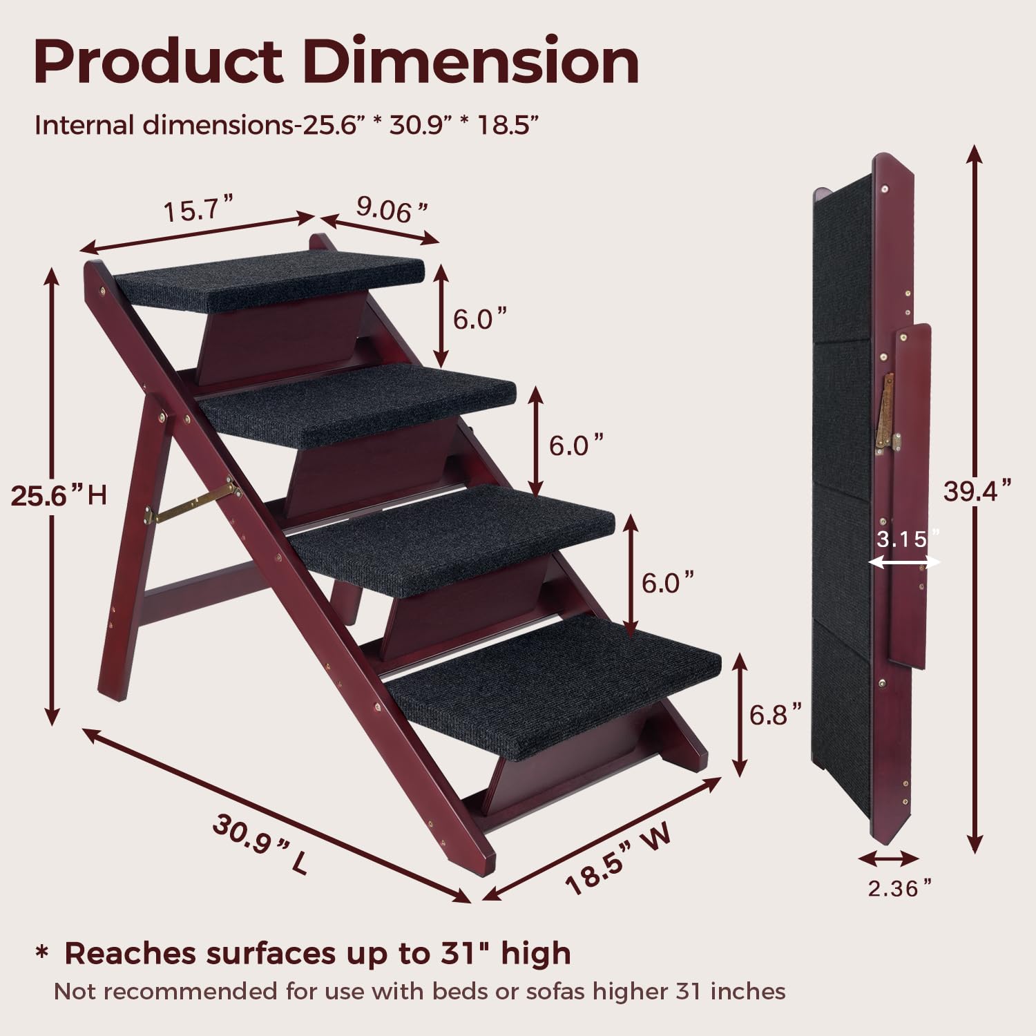 BRIKY Foldable 4-Step Wooden Pet Stairs for Dogs & Cats - Non-Slip Dog Steps for High Beds, Couches & Cars - No Assembly Required - Perfect for Small, Medium & Large Pets (Use for Bed Access, Car Entry & Sofa Climbing)