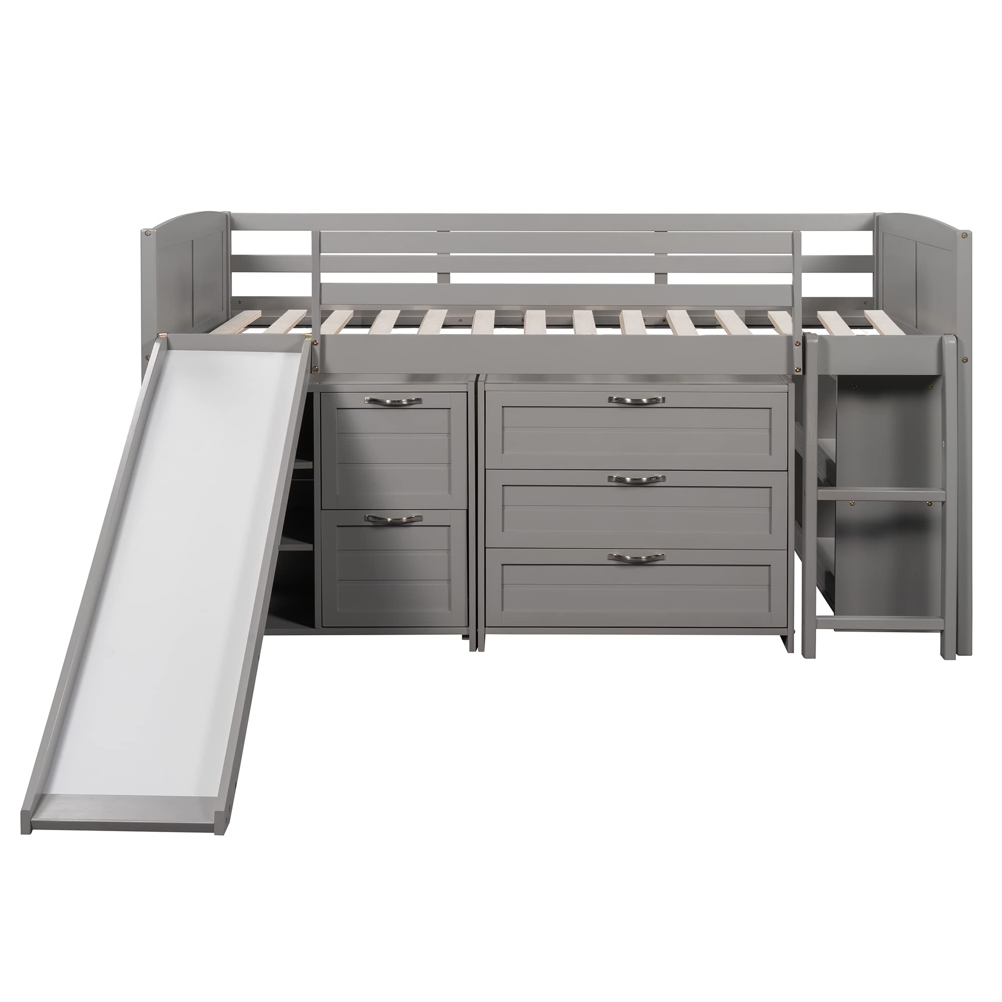 Harper & Bright Designs Twin Loft Bed with Slide - Solid Wood Low Loft Bed with Cabinet, Storage Shelves & Drawers - Twin Size Loft Bed Frame for Girls & Boys (Grey) - Perfect for Small Kids' Rooms, Playrooms & Space-Saving Bedroom Solutions