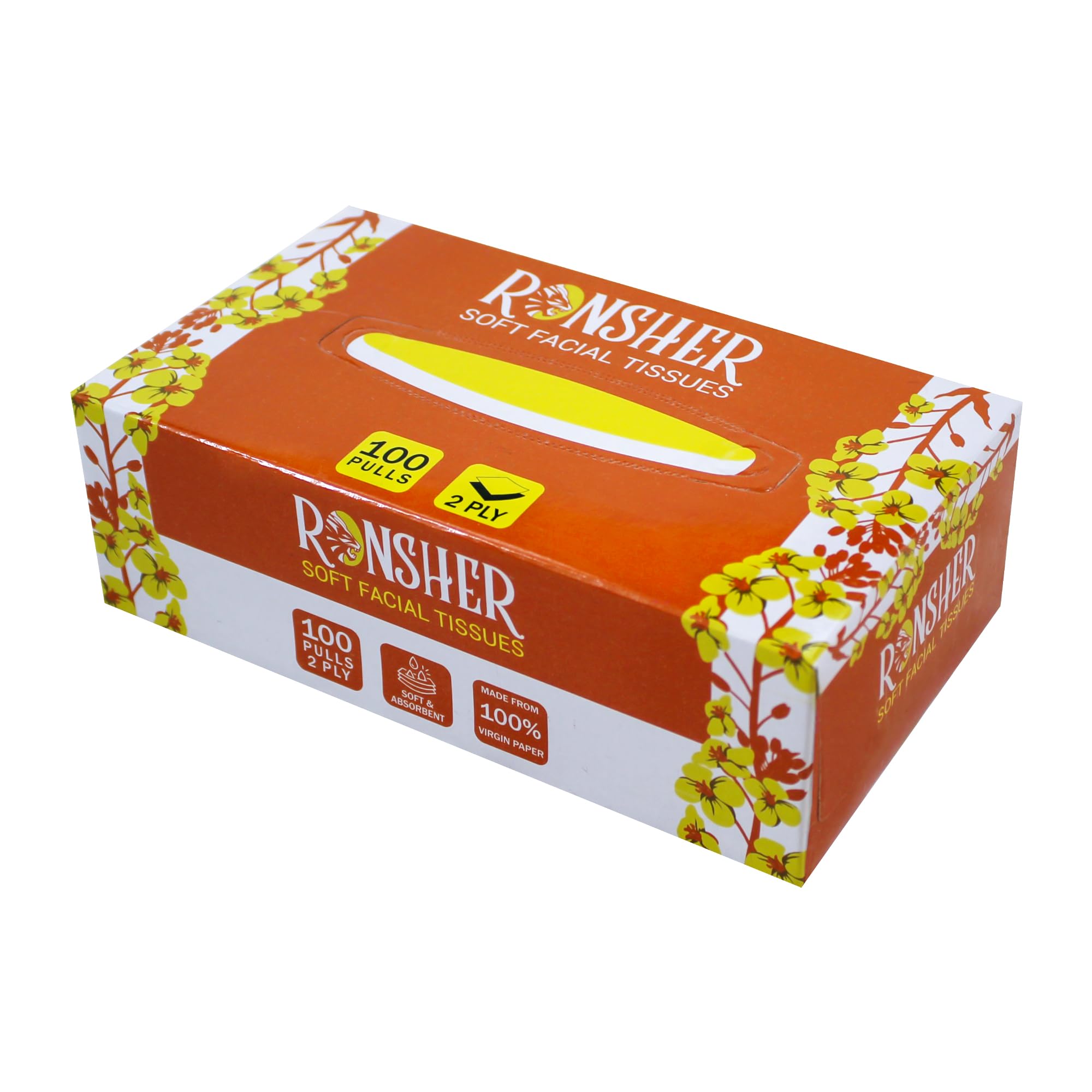 Ronsher 2-Ply Facial Tissue Box - 100 Sheets per Box, Pack of 6 | OBA-Free & Skin-Friendly Virgin Paper | Safe for Food Contact | Perfect for Home, Office, Car & Travel Use