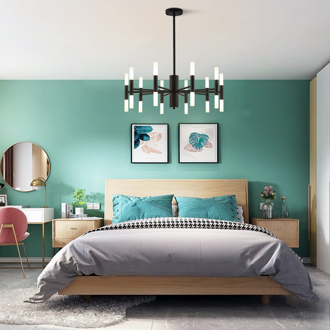 Modern Matte Black Sputnik Chandelier - 20-Light Semi Flush Mount Ceiling Light - Mid Century Vintage Farmhouse Industrial Pendant Lighting for Dining Room, Living Room & Bedroom