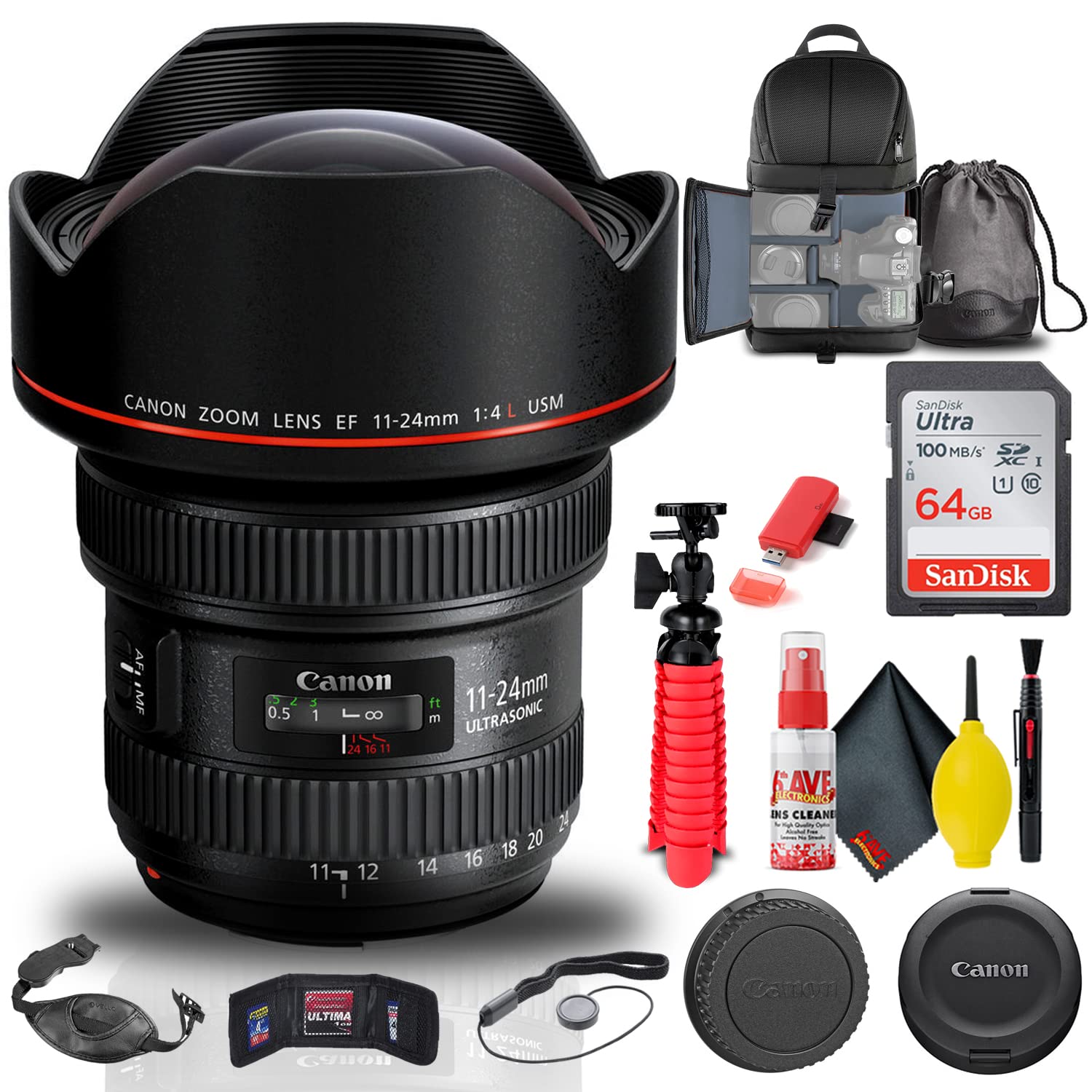 Canon EF 11-24mm f/4L USM Ultra Wide Zoom Lens (Renewed) with Complete Accessory Kit - Backpack, 64GB SD Card, Card Reader, Flexible Tripod, Memory Wallet, Lens Cap Keeper, Cleaning Kit & Hand Strap - Perfect for Landscape, Architecture & Travel Photography