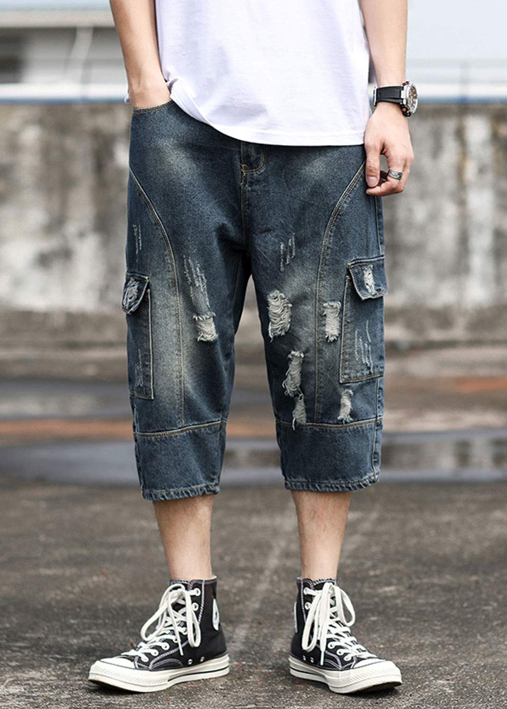 Ebossy Men's Loose Fit Ripped Distressed Denim Shorts - 3/4 Length Below Knee Cargo Capri Jeans for Casual Wear & Summer Outfits