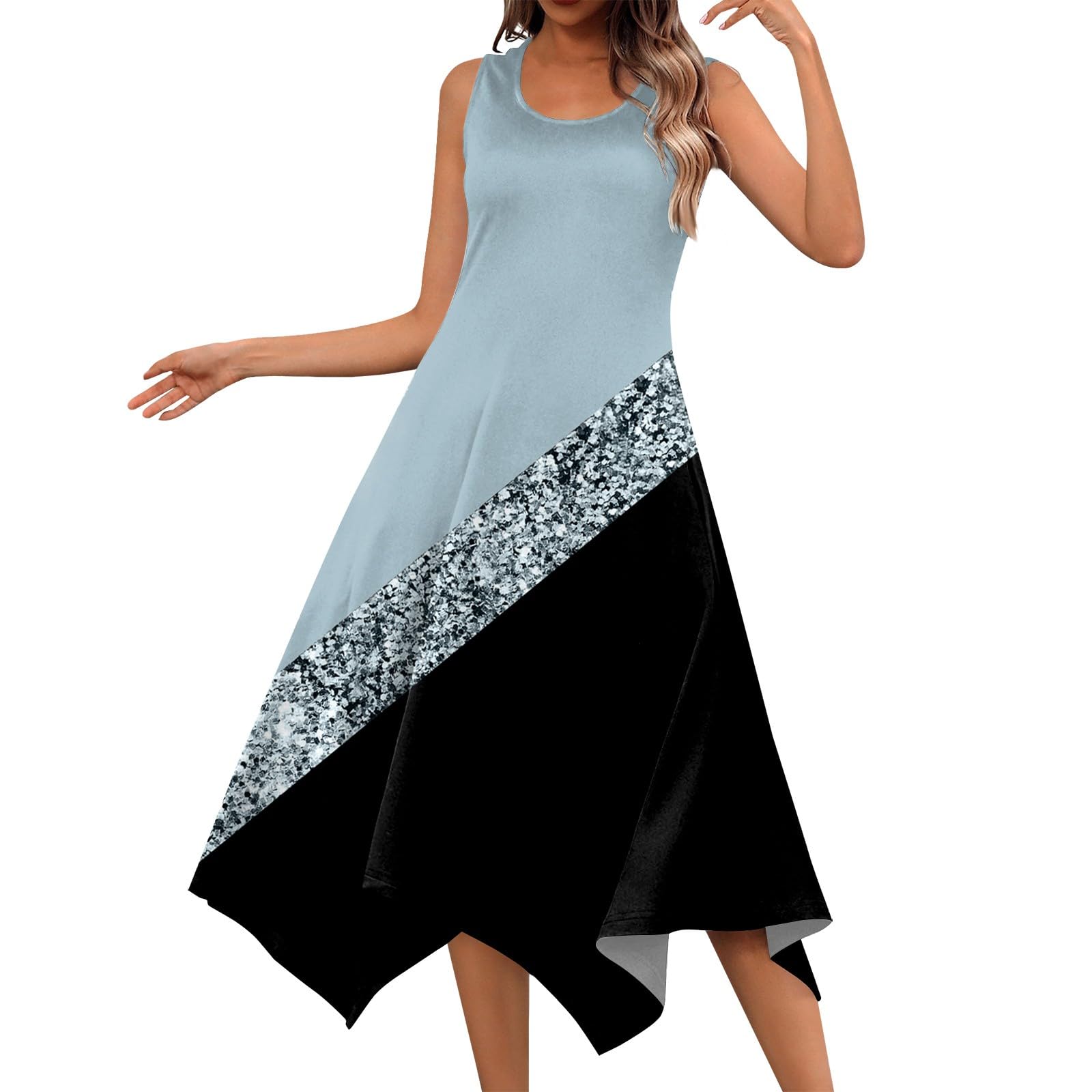 Women's Summer Casual Vintage Print Crewneck Sleeveless Tunic Dress with Irregular Hem - Perfect for Wedding Guest, Beach Party & Outdoor Events