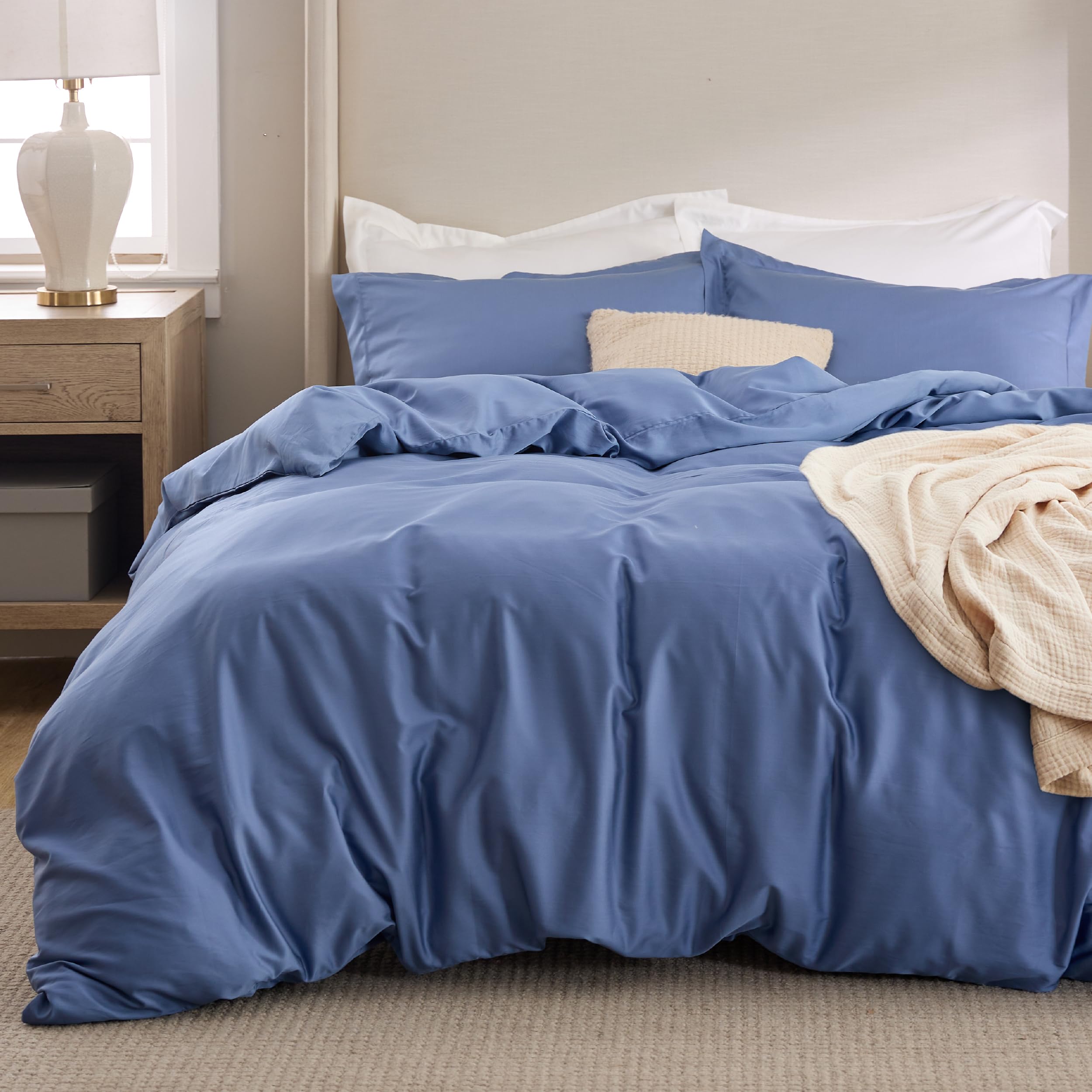 Bedsure Cooling Duvet Cover Queen Size - Moisture-Wicking Silky Eucalyptus Lyocell Cotton Blend Comforter Cover Set for Hot Sleepers - Buttery Soft, Breathable & Cooling Bedding in Slate Blue - Perfect for Summer Nights & Hot Sleepers