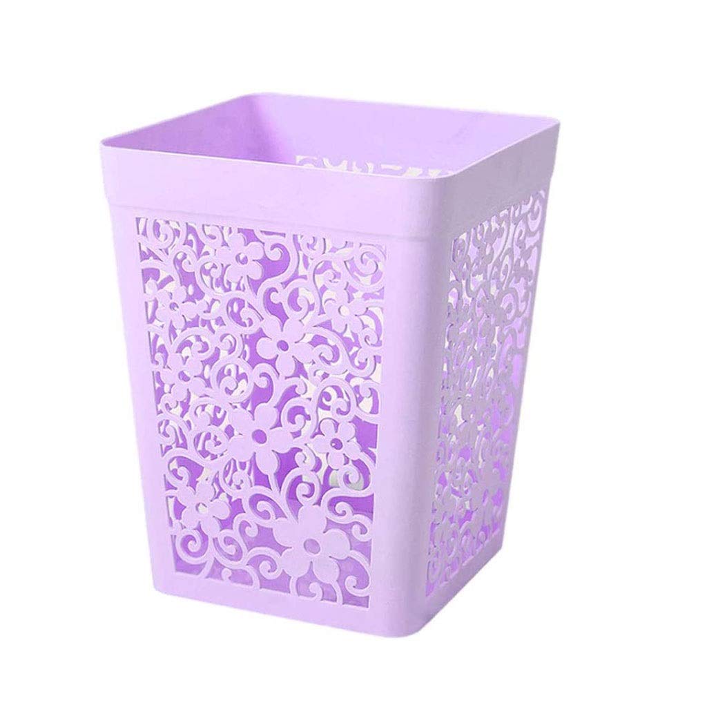 WSSBK Purple Plastic Trash Can with Hollow Flower Design - Lidless Storage Bucket for Home, Office, Kitchen & Bathroom Organization - Perfect for Waste Disposal & Decorative Storage Solutions