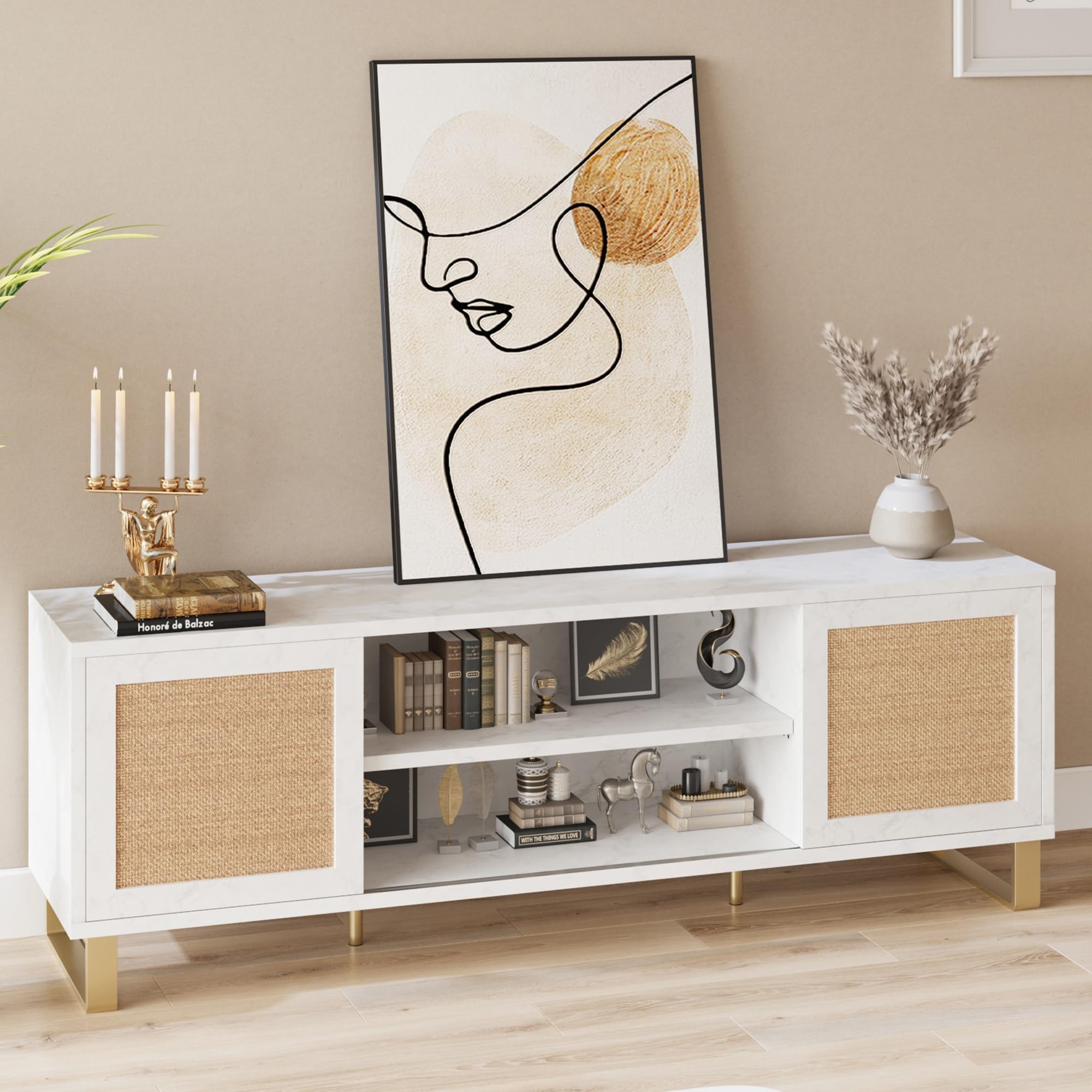 Modern White Rattan TV Stand 66 Inch - Entertainment Center with Storage Doors & Shelves, Media Cabinet for Living Room & Bedroom - Perfect for Organizing TVs, Gaming Consoles & Home Decor