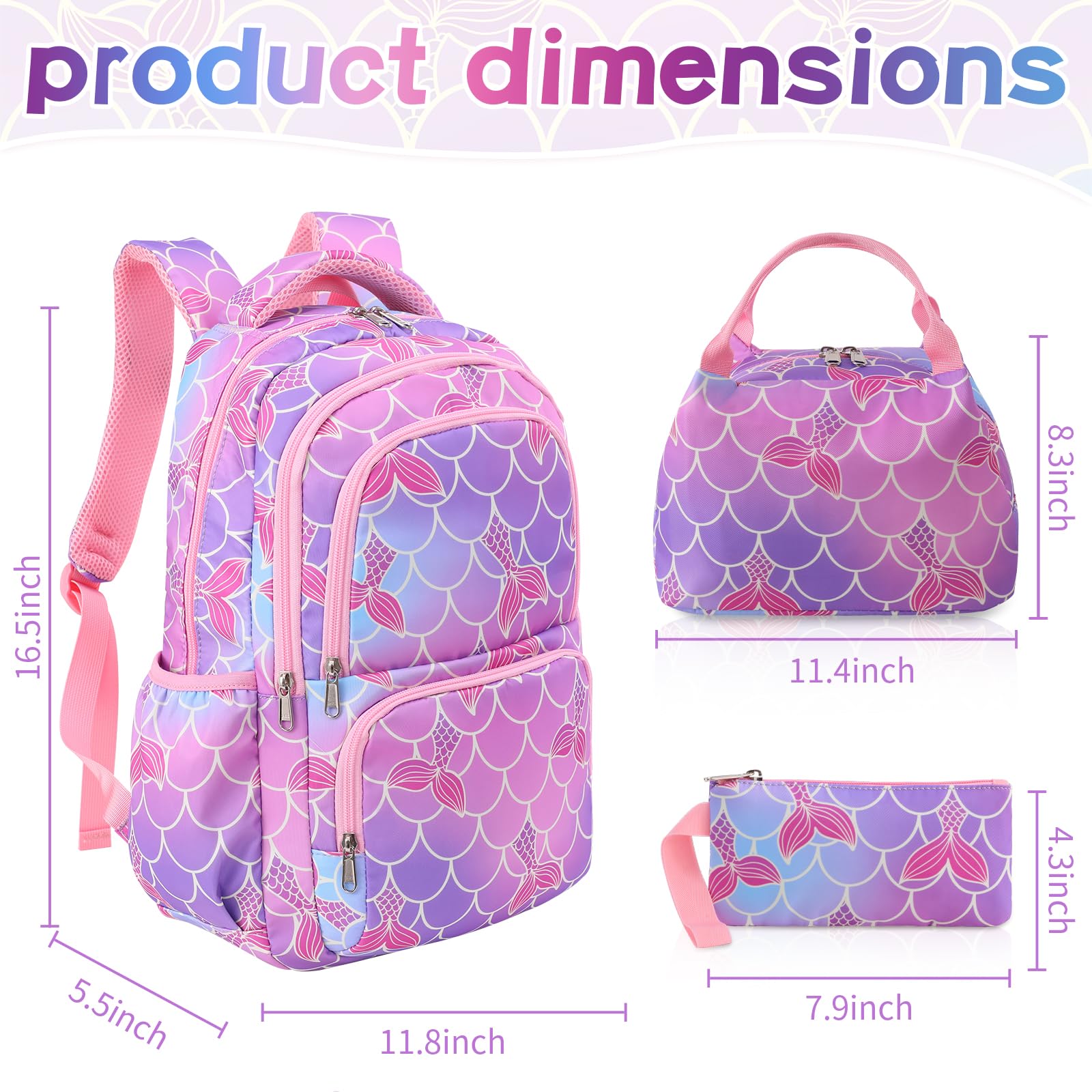 **Woosir Mermaid Themed Girls Backpack with Lunch Box - Cute School Backpack for Kindergarten, Elementary & Preschool - Durable Bookbag for Kids - Perfect Back to School Gift & Everyday Use**    *(Use Cases: Ideal for school, travel, day trips, and outdoor adventures - Great for carrying books, snacks, and essentials!)*