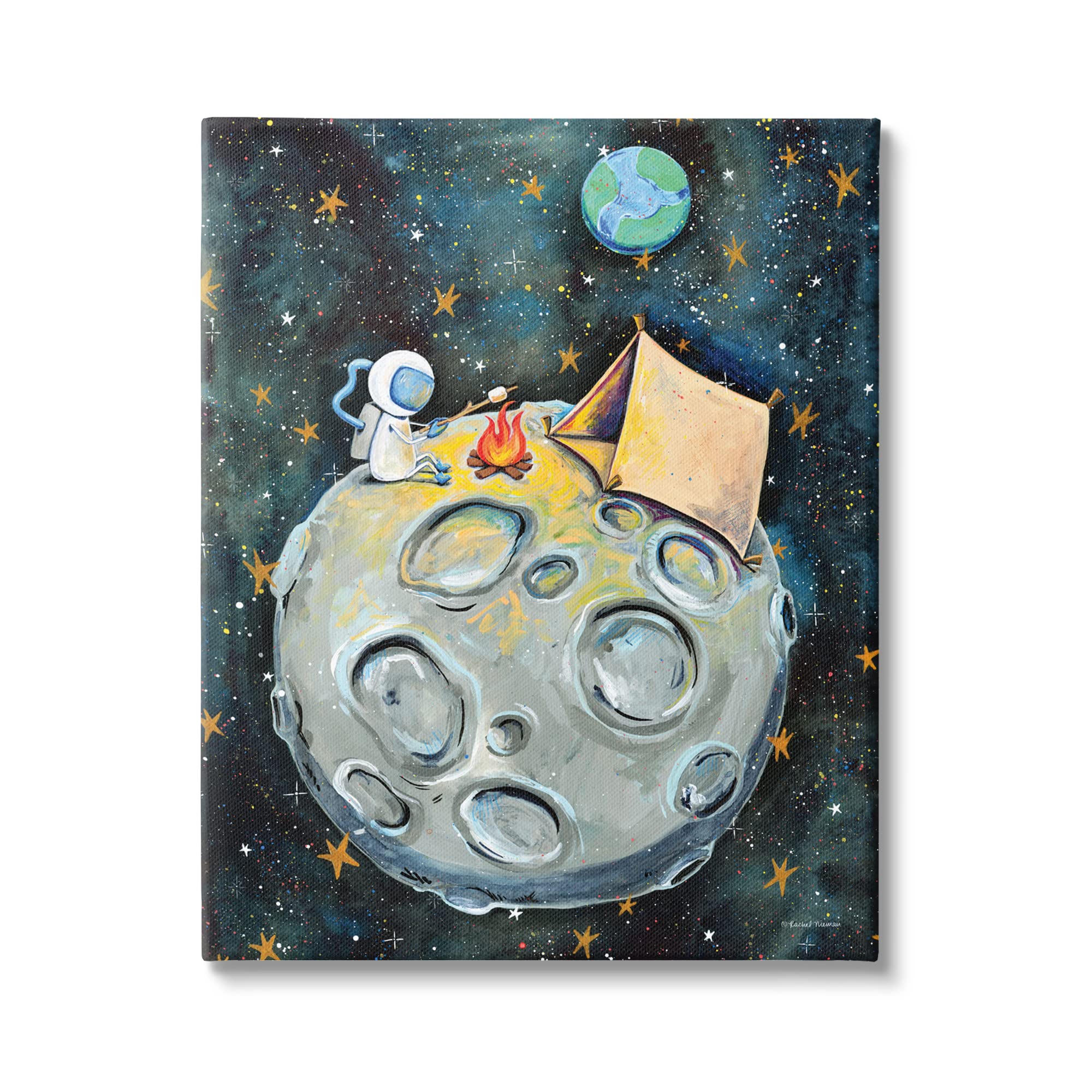 Stupell Industries Astronaut Camping Moon Whimsical Stars Outer Space Wall Art - Rachel Nieman Design - Perfect for Kids Room Decor, Nursery, or Space-Themed Bedroom