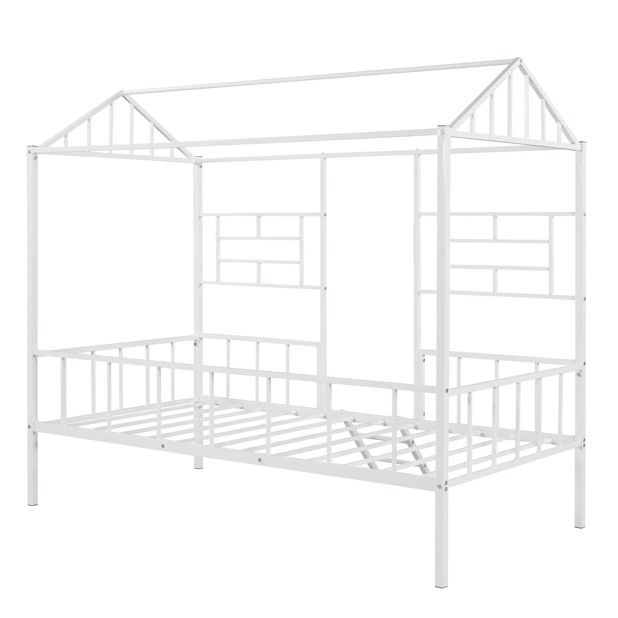 Harper & Bright Designs Metal Twin Size Loft Bed for Kids - Low Playhouse Bed with Roof & Ladder - Junior Loft Bed Frame for Boys & Girls - Perfect for Small Bedrooms, Playrooms & Dorm Rooms - White