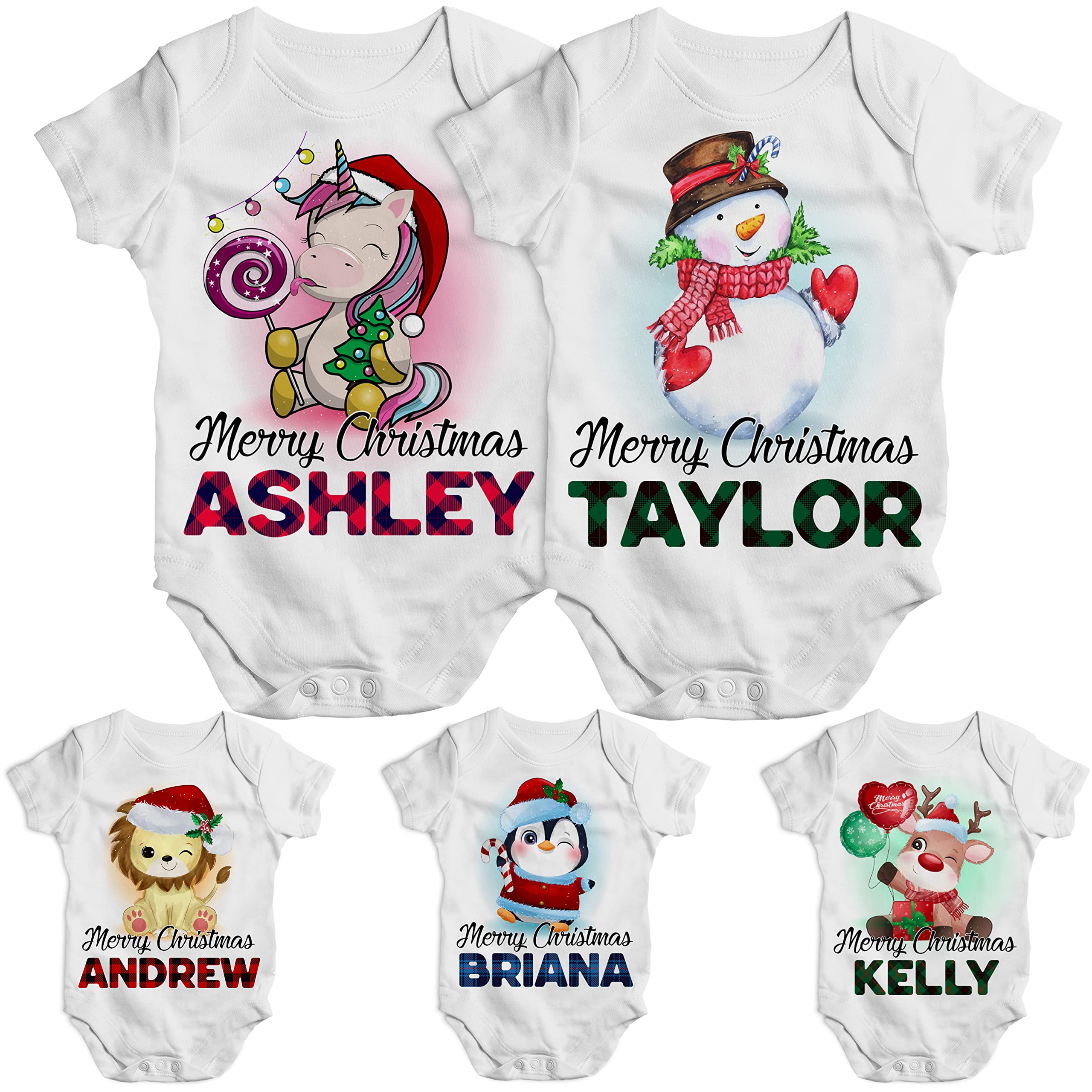 Custom Christmas Baby Onesie with Name - 9 Adorable Animal Designs - Personalized Holiday Bodysuit for Newborns & Infants (6-24 Months) - Perfect Baby Shower Gift & Festive Family Photo Outfit