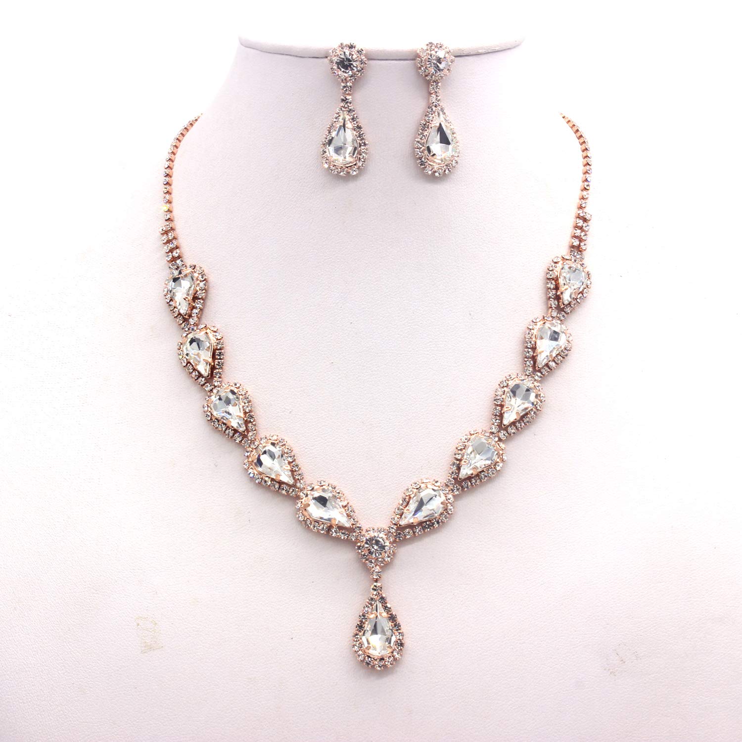 Elegant Rose Gold Crystal Wedding Tiara & Rhinestone Necklace Set - Bridal Crown with Side Combs & Hairband for Bride, Bridesmaid, Prom - Perfect for Weddings, Parties, Special Occasions (Rose Gold Clear)