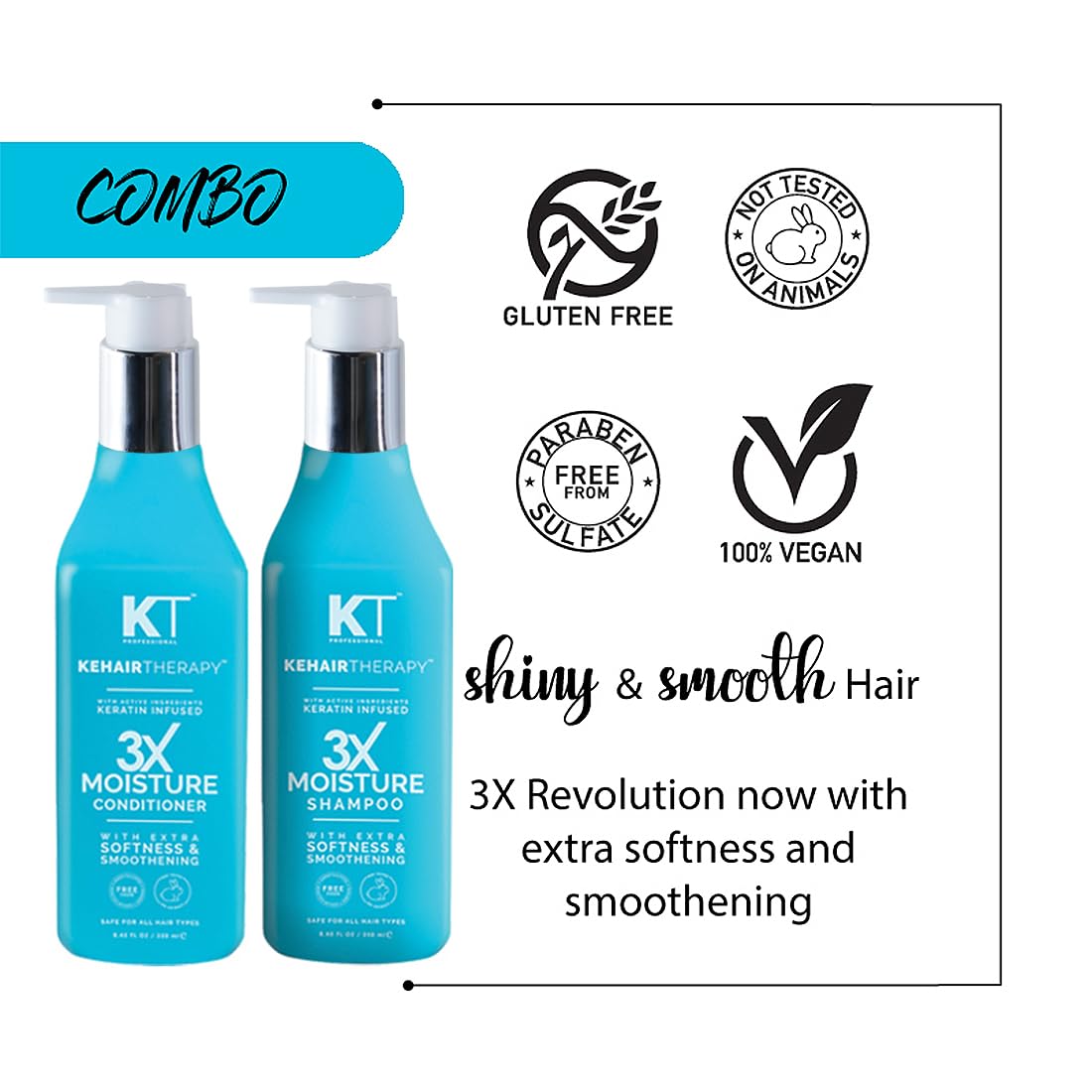 KT Professional Keratin Protein Sulfate-Free 3X Moisture Shampoo & Conditioner Set (2 x 250ml) - Hydrating Hair Care for Dry, Damaged & All Hair Types - Salon-Quality Moisture Boost for Soft, Shiny Hair at Home