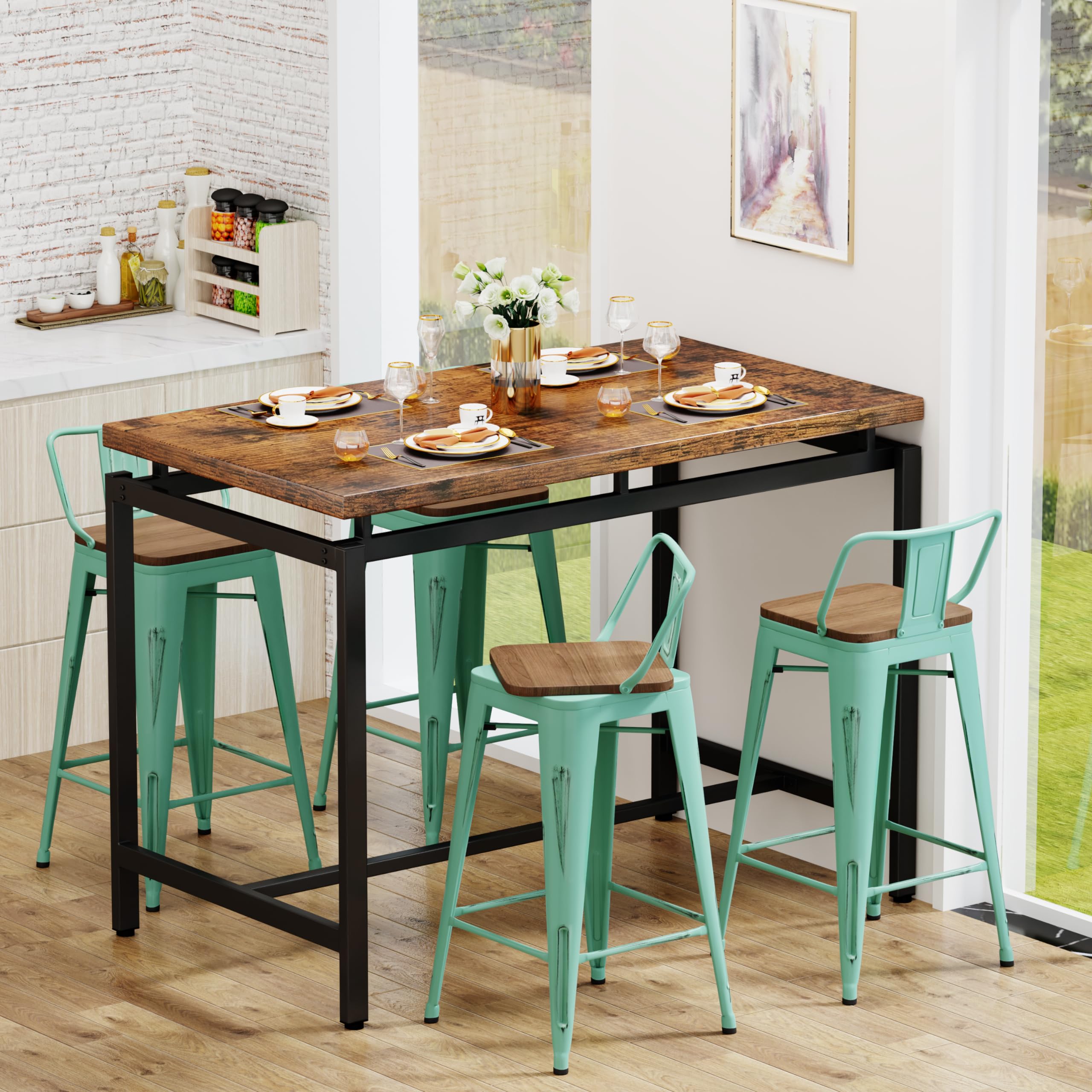 24 Inch Bar Stools Set of 4 - Counter Height Swivel Bar Chairs with Back Support, Metal Frame Kitchen Stools in Blue - Perfect for Home Bar, Kitchen Island & Breakfast Nook