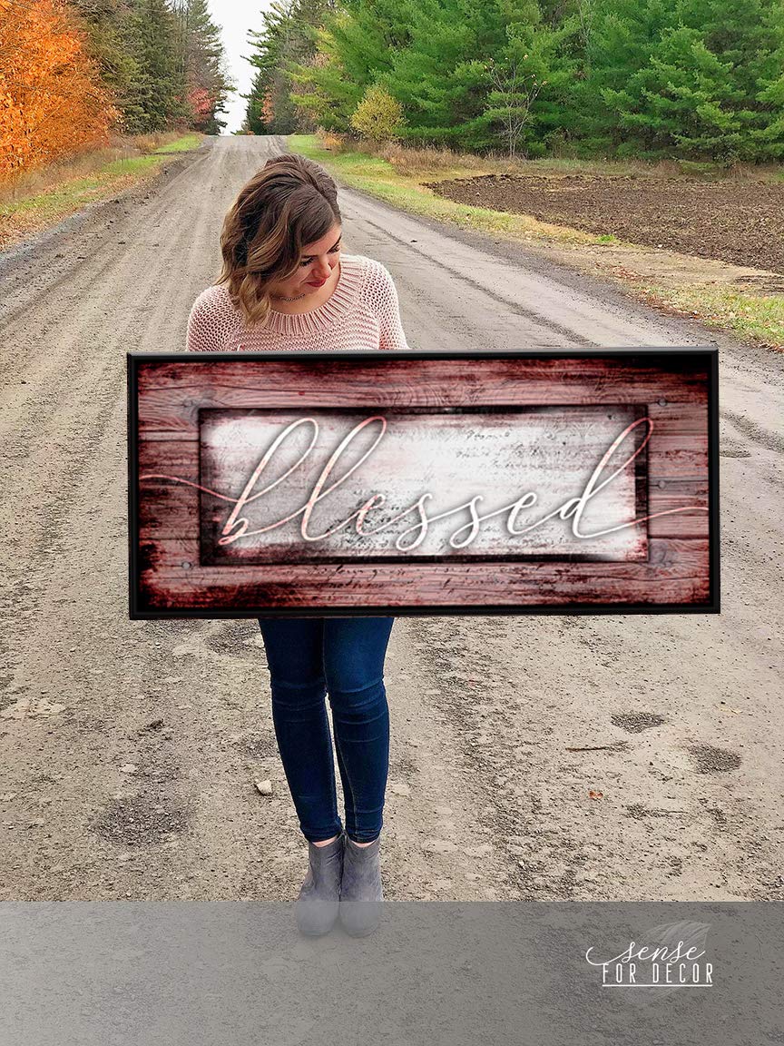 Blessed Sign Religious Wall Decor - Christian Framed Canvas Art for Living Room - Large Wine Red & Black Floating Frame 42x19 - Perfect for Home, Church & Office Decorations