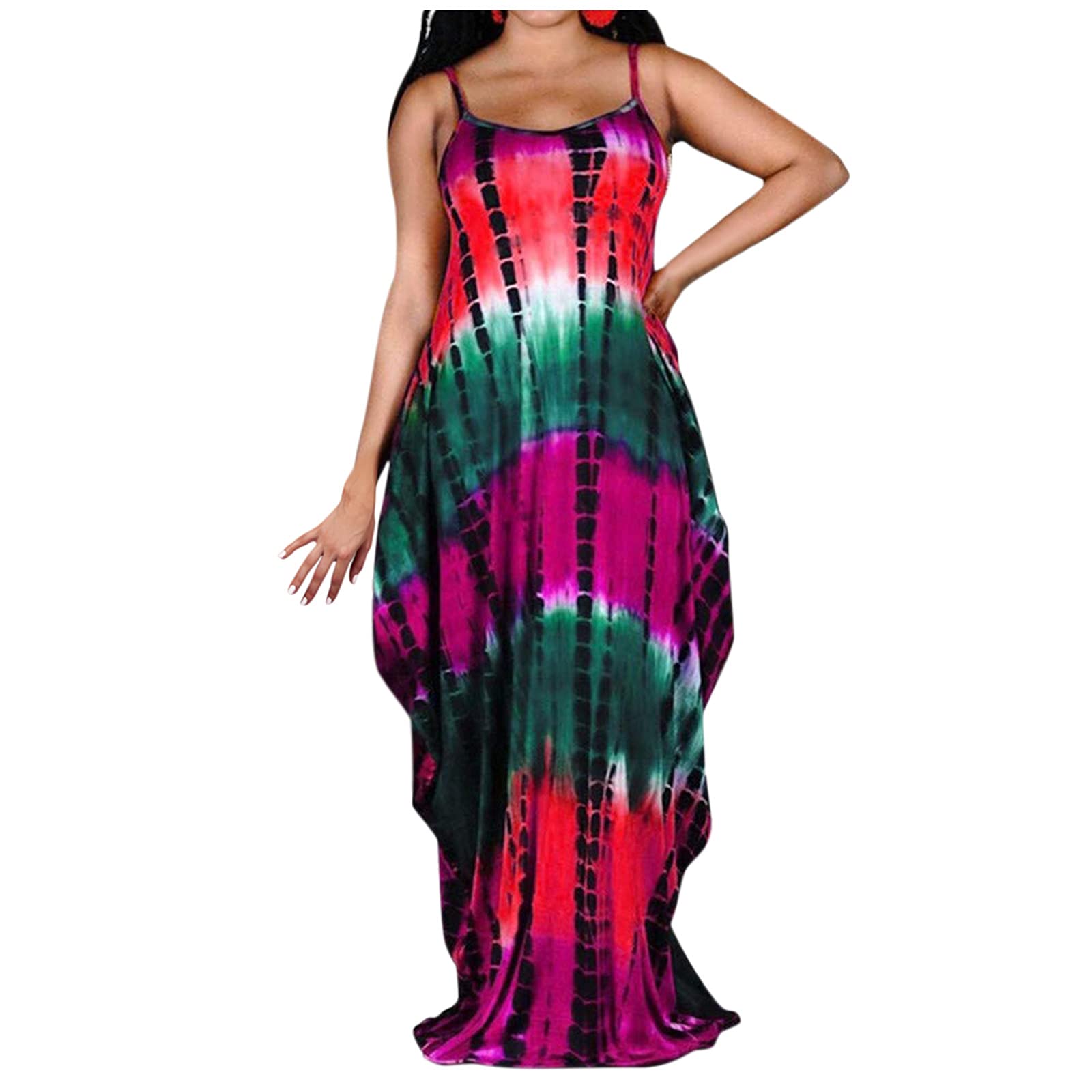 Plus Size Summer Dresses for Women - Pullover Tie-Dye Print Sleeveless O-Neck Long Dress (Pink, XXL) | Beach Vacation, Casual Outing, Summer Party Wear