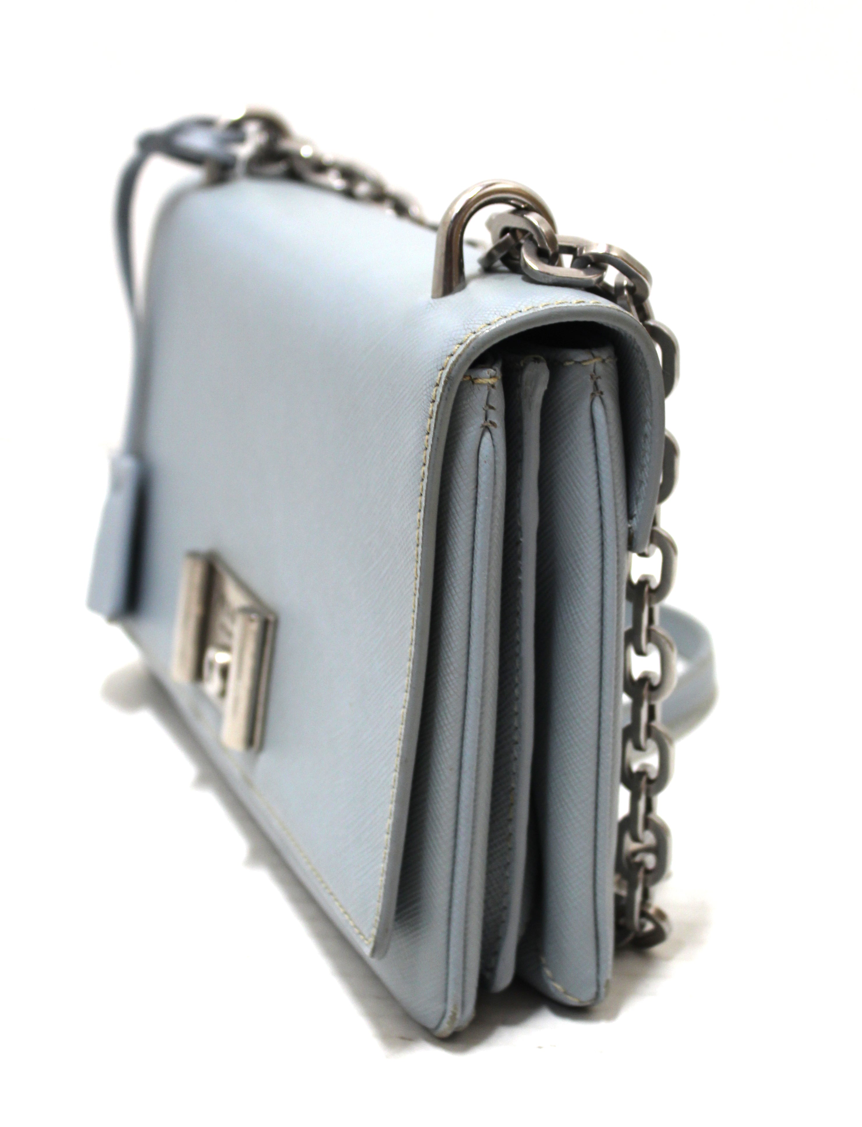Authentic Prada Powder Blue Saffiano Leather Mini Crossbody Bag with Chain Strap | Luxury Designer Handbag for Women | Perfect for Parties, Date Nights & Special Occasions