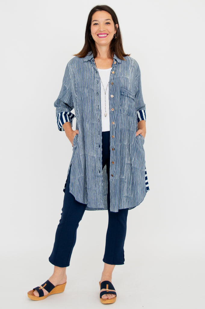 Jimal Women's Indigo Stripe Blouse - Casual Long Sleeve Button Down Shirt for Work, Office & Everyday Wear
