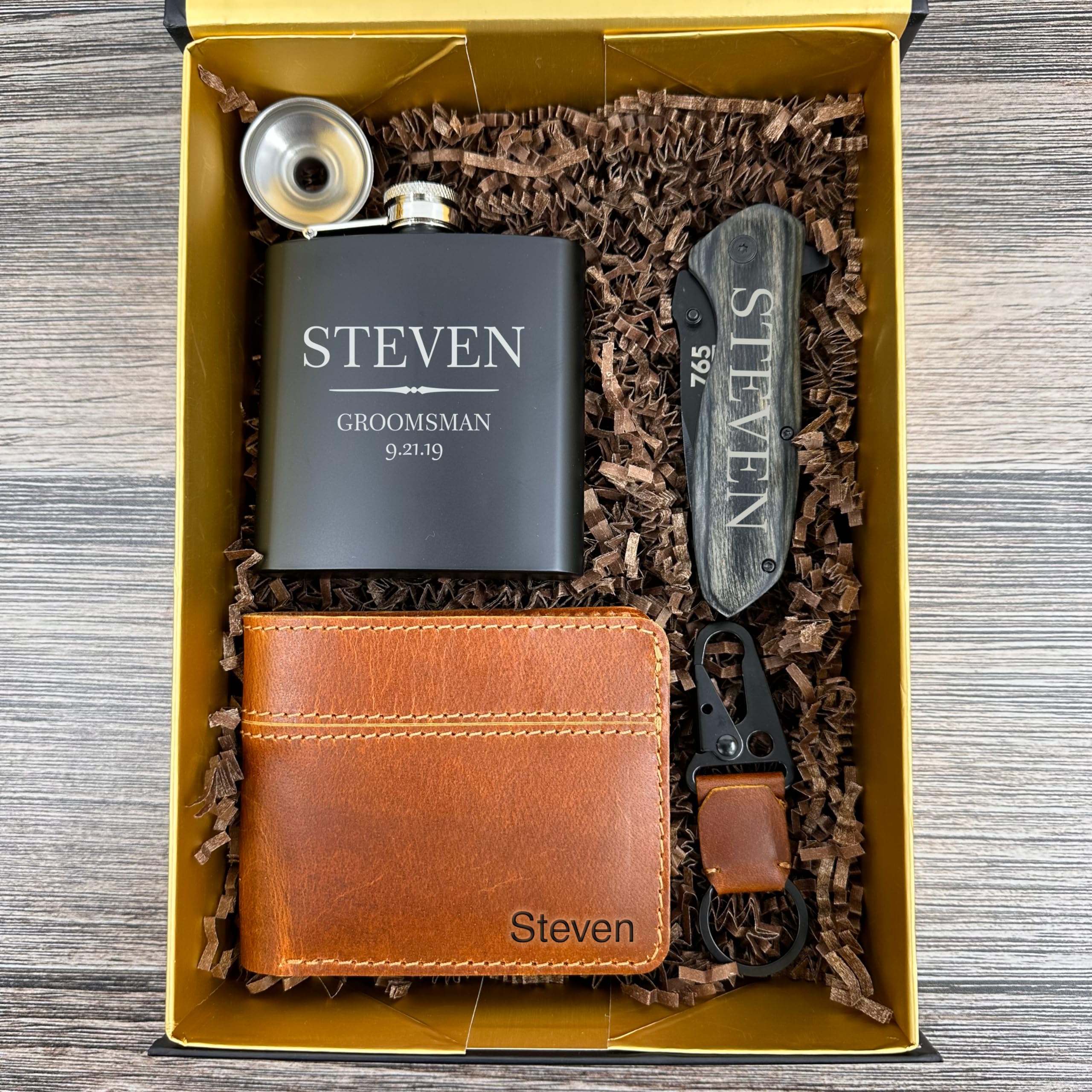 Premium Personalized Groomsman Gifts Set of 6 - Custom Engraved Flask with 9 Design Options - Best Man & Wedding Party Favors - Perfect for Proposals, Bachelor Parties & Thank You Gifts - by Froolu