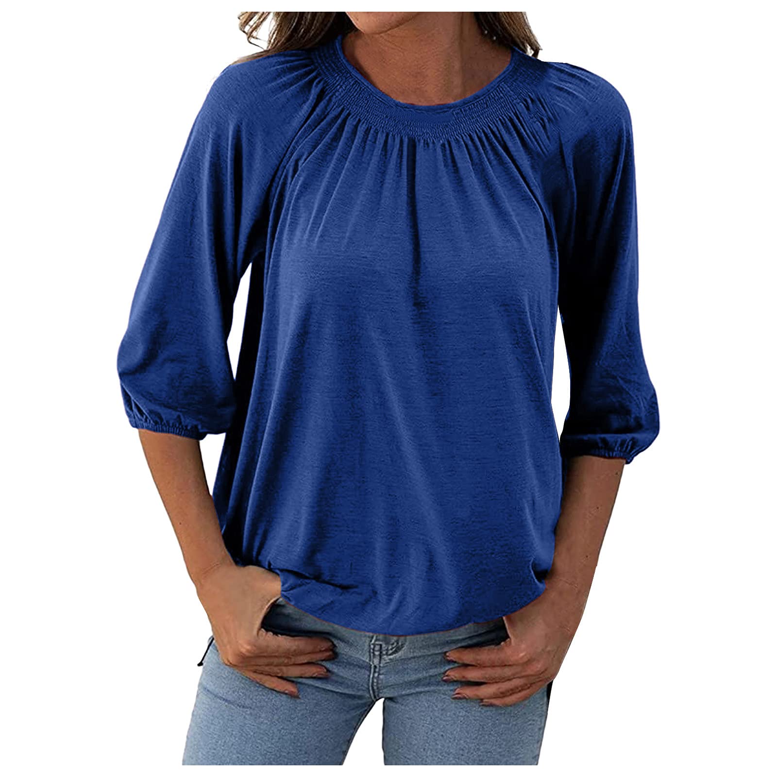 Women's 3/4 Sleeve Round Neck Pullover Blouse - Solid Color Office Work Shirt for Autumn | Casual & Professional Wear for Work & Everyday Outfits