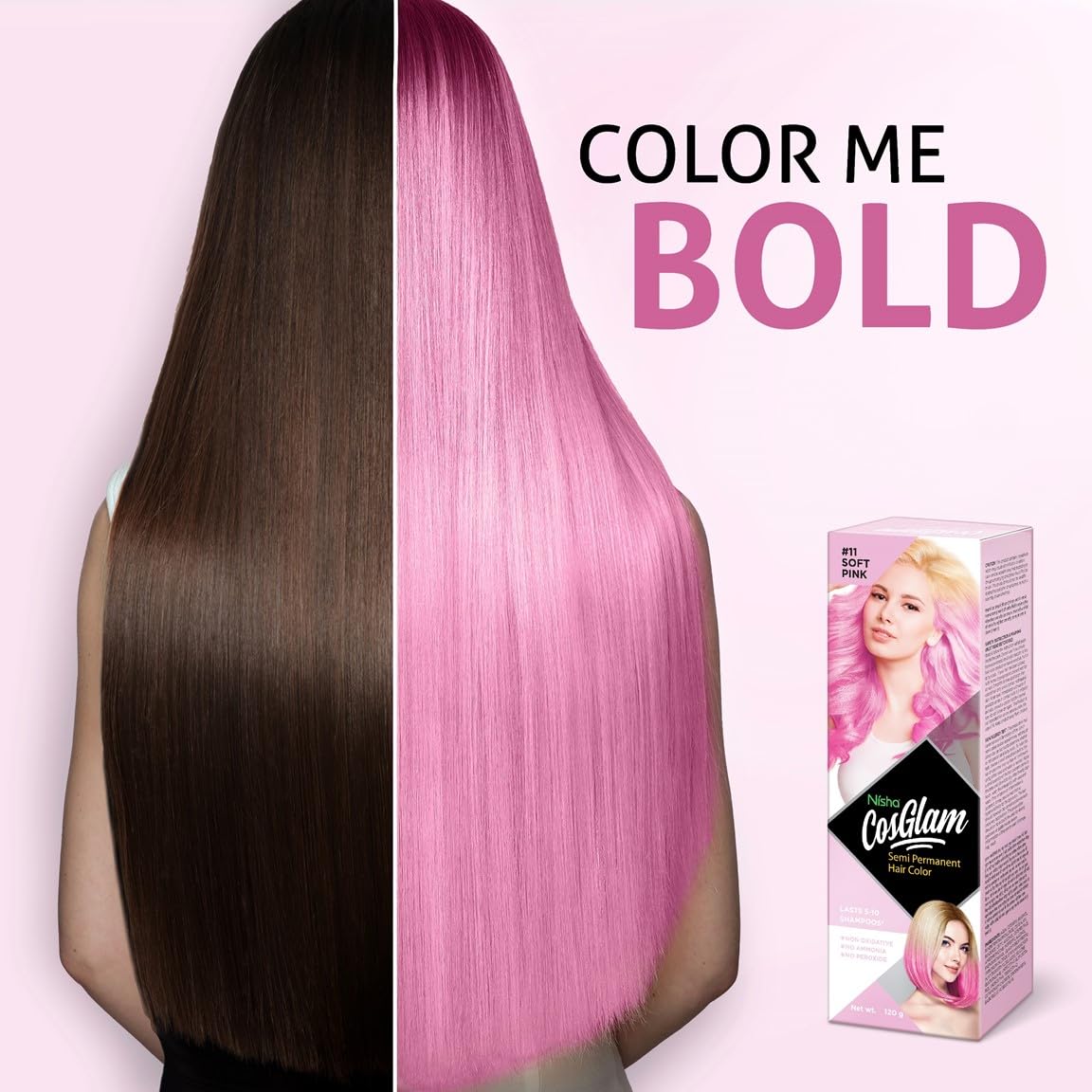 Nisha Cosglam Semi-Permanent Vegan Hair Dye - Ammonia & Peroxide Free Conditioning Color for Men & Women - 120g #11 Soft Pink (Light Pink) - Lasting Glossy Highlights for Everyday Style & Special Occasions