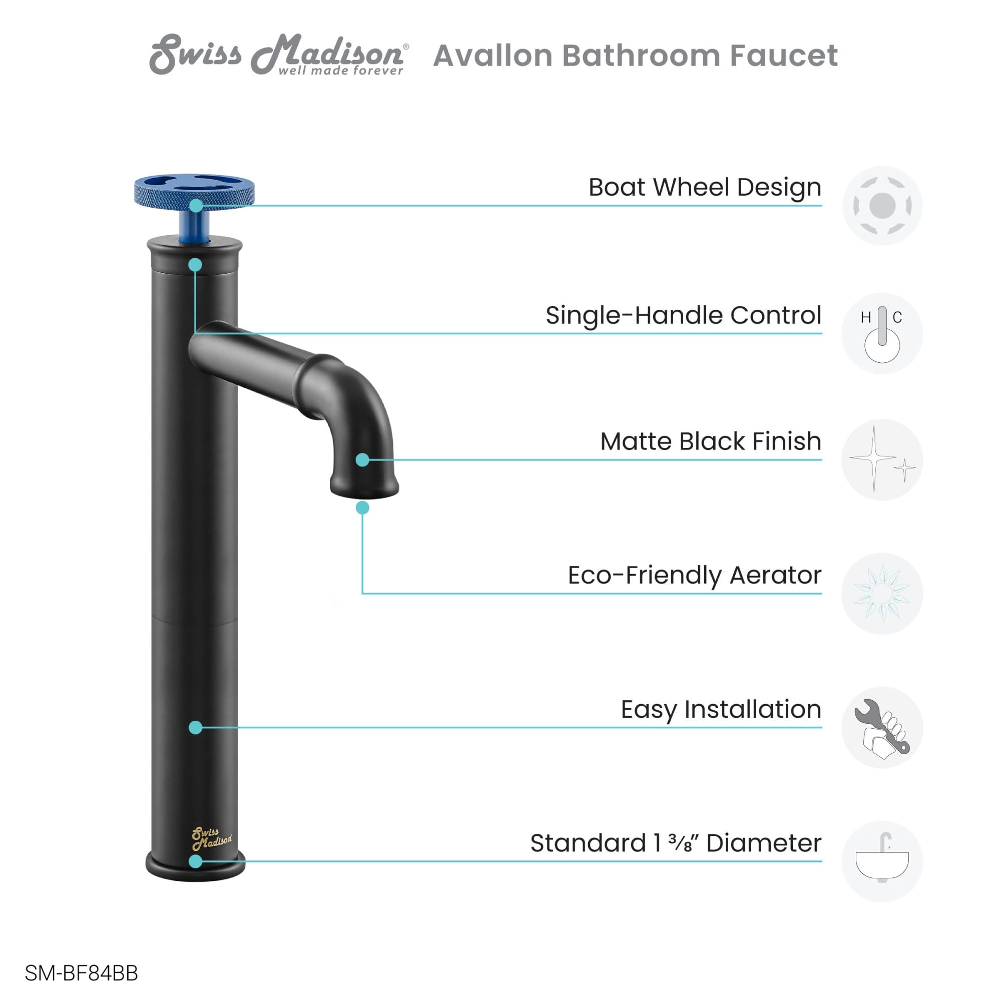 Avallon Matte Black Single Hole Single Handle High Arc Bathroom Sink Faucet with Blue Handles - Modern Waterfall Spout for Bathroom Vanity & Powder Room Upgrade