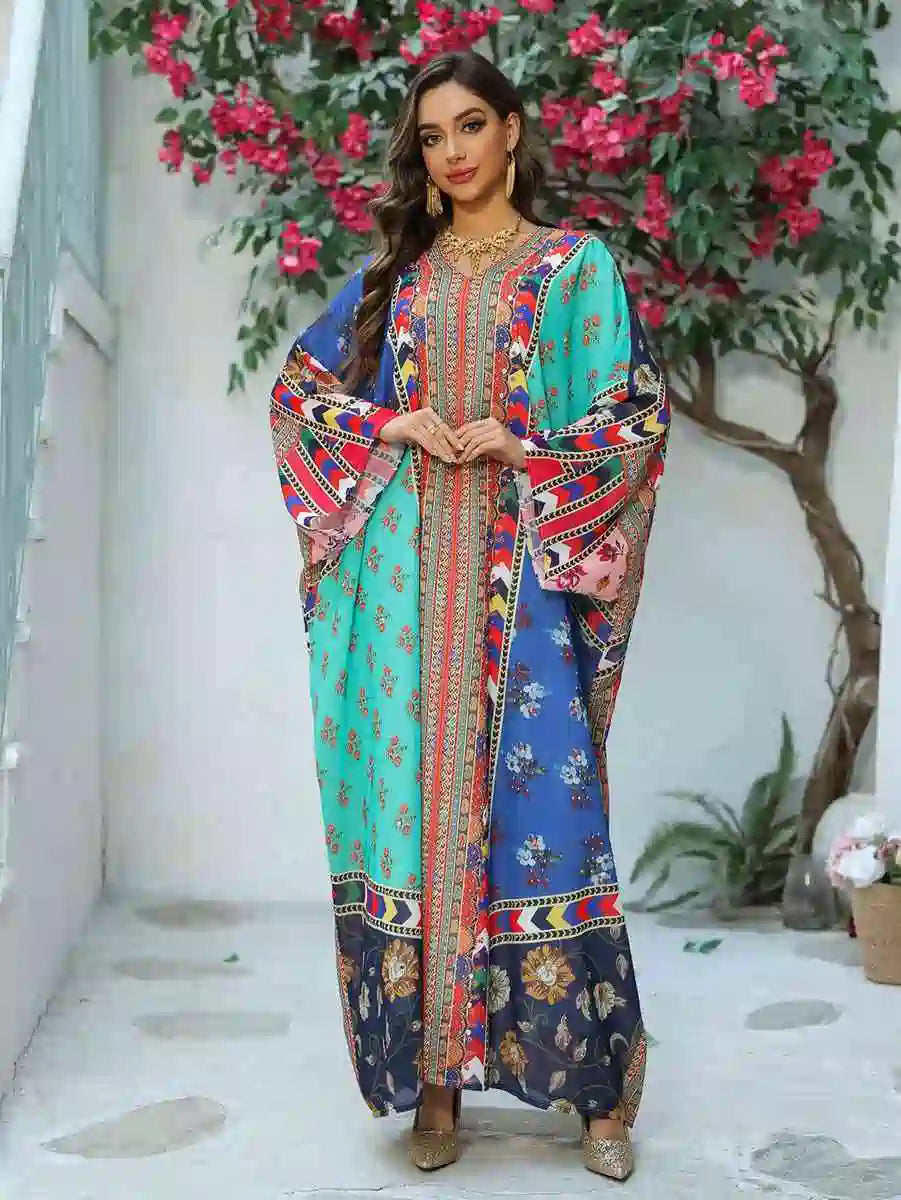 Hotfix Rhinestone Chiffon Printed Caftan Kaftan Dress - Elegant Party Wear for Eid, Wedding, Bridal Shower & Special Occasions | Style #25466