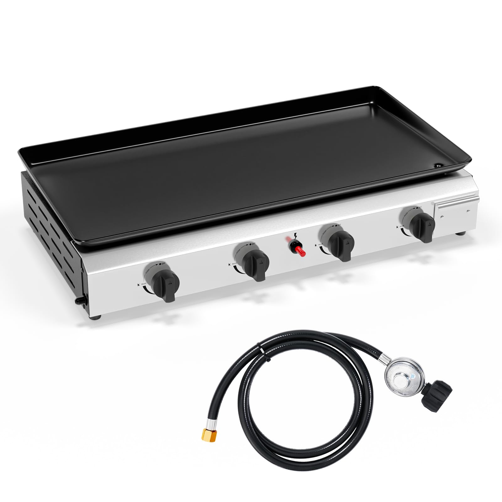 Bonnlo 4 Burner Portable Tabletop Griddle - 40,000 BTU Gas Grill with Non-Stick Surface, Stainless Steel Plate, Electronic Ignition & Regulator | Perfect for Outdoor Cooking, Camping, BBQ, Tailgating, Backyard Parties & Picnics