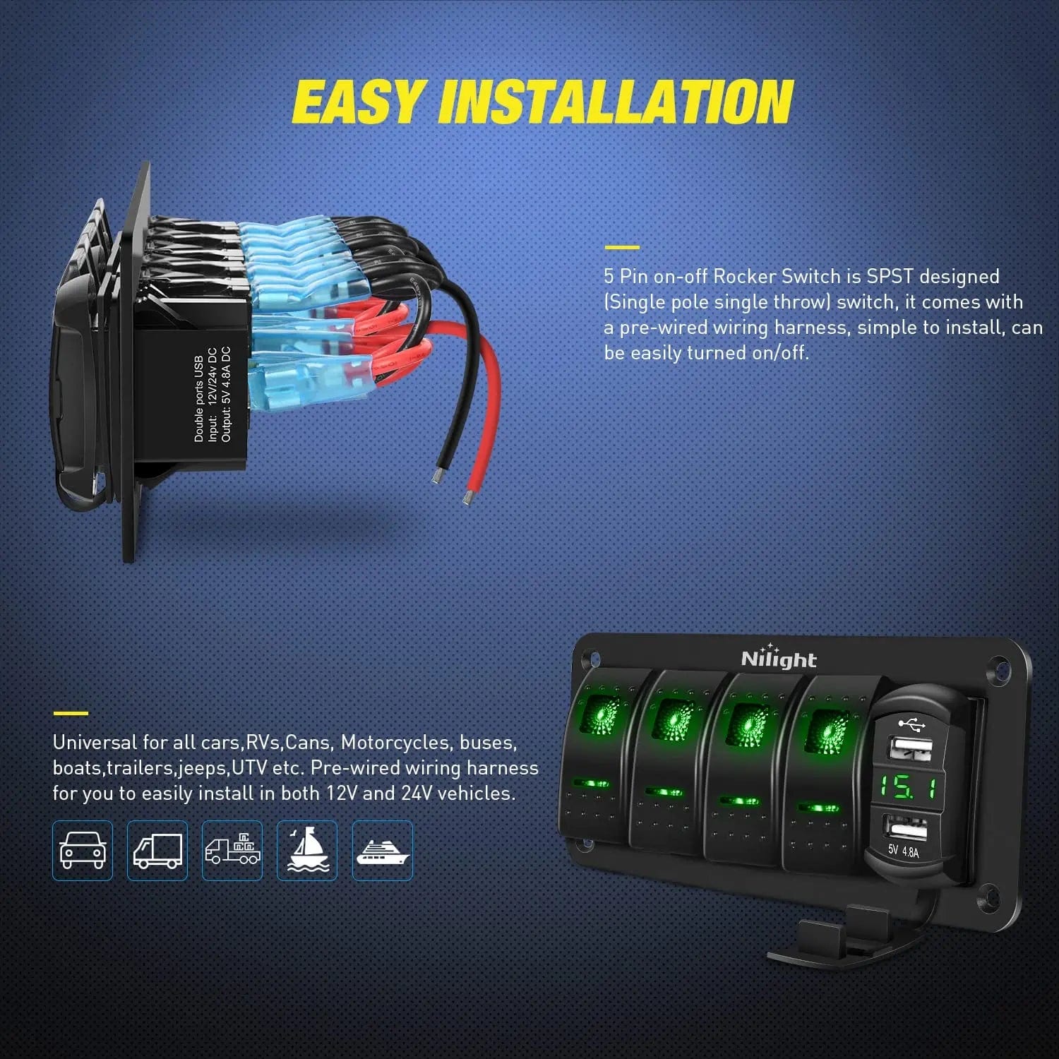 4 Gang Aluminum 5 Pin ON/Off Green Rocker Switch Panel with 4.8 Amp Dual USB Charger & Voltmeter - Perfect for Marine, RV, Truck & Boat Electrical Systems