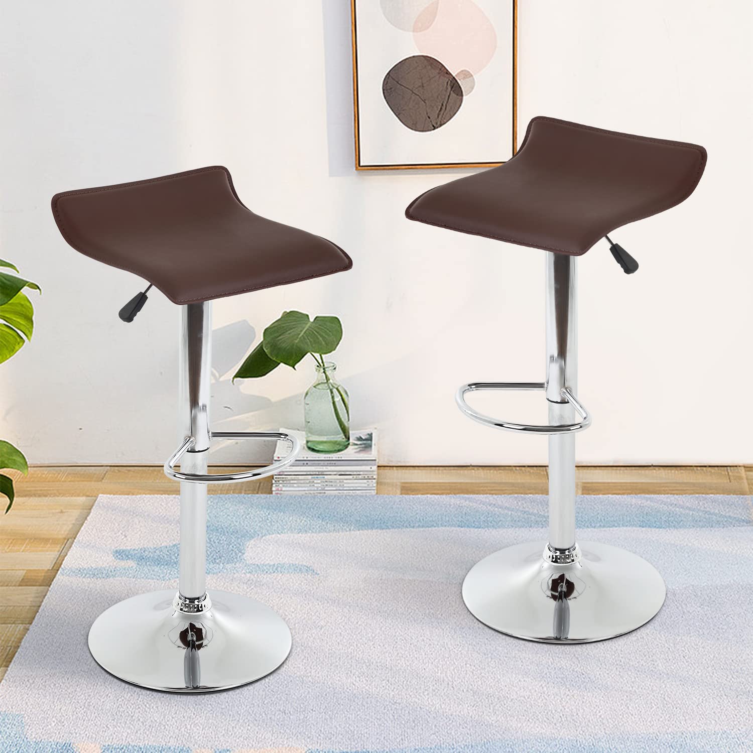 BSTOPHKL Adjustable Modern Bar Stools Set of 2 - Armless Hydraulic Kitchen Counter Stools - Swivel Bar Height Stools for Home, Kitchen, Bar & Restaurant (Brown) - Perfect for Breakfast Nooks, Kitchen Islands & Entertainment Areas
