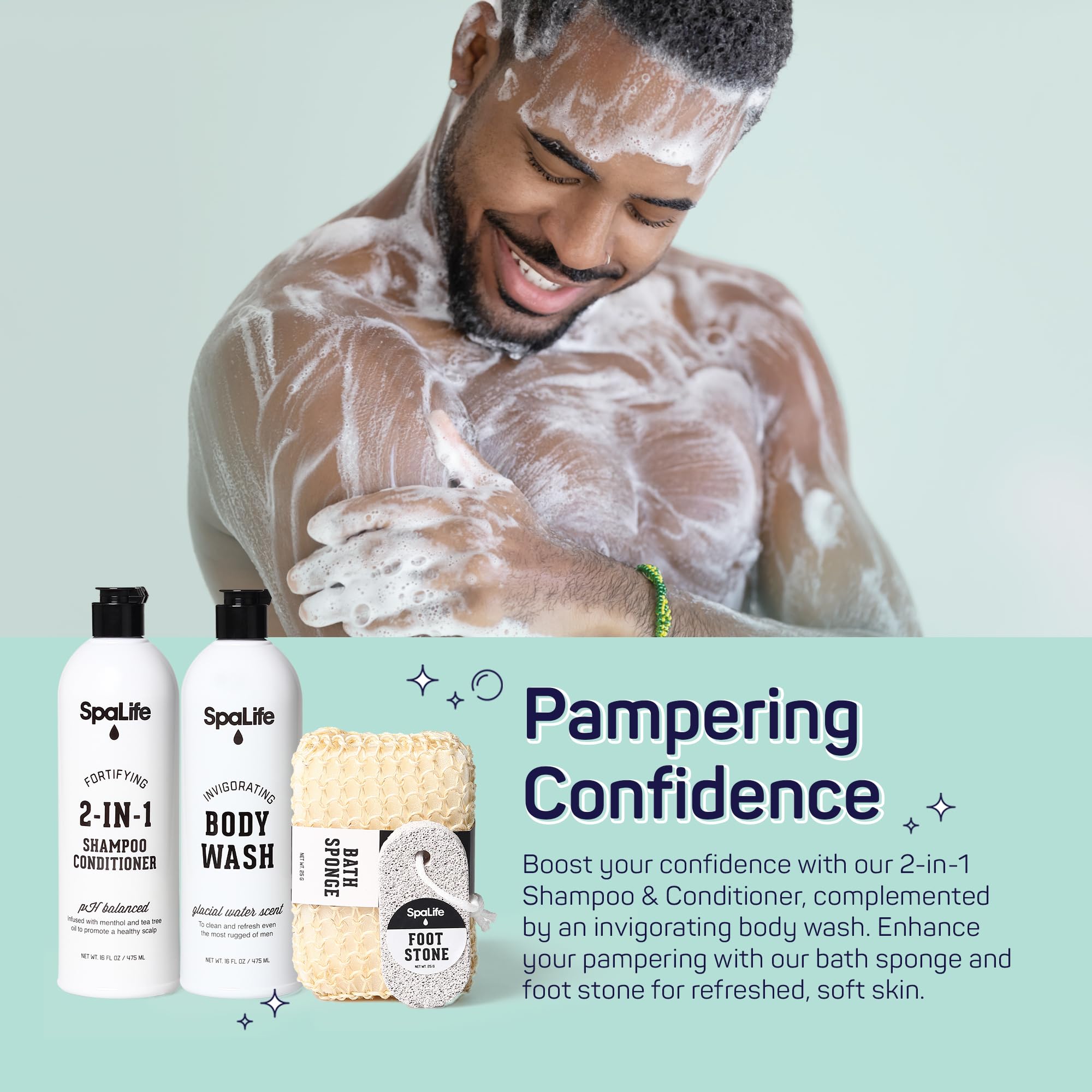SpaLife 7-Piece Men's Grooming Gift Set - 2-in-1 Shampoo & Conditioner, Body Wash, Daily Moisturizer, Post-Shave Lotion, Bath Sponge & Foot Stone | Perfect for Home Spa, Self-Care Routine & Gifts for Men