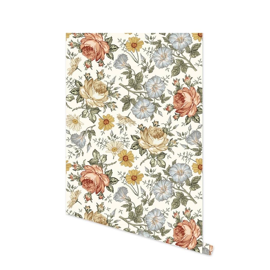 Meihodan Vintage Floral Peel and Stick Wallpaper - Self-Adhesive Removable Contact Paper with Yellow Blue Red Daisy Pattern for Living Room, Cabinet, Bedroom DIY Decor (17.7in x 9.8ft) - Perfect for Home Renovation, Rental Apartment Walls, Furniture Makeovers & Nursery Accent Walls