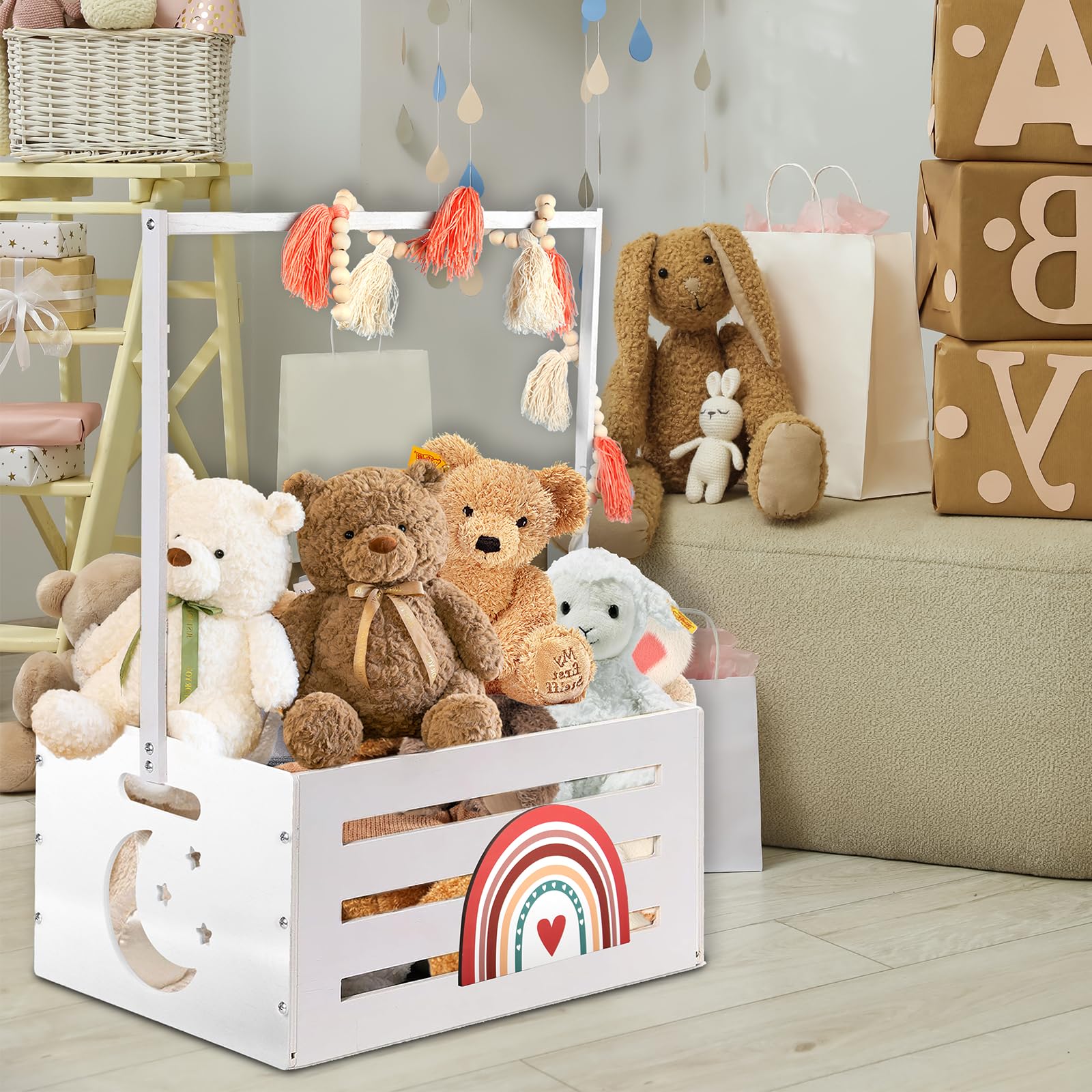 Boho Rainbow Wooden Baby Shower Crate with Handle - Baby Storage Basket & Hamper for Newborns - Perfect Baby Shower Gift for Girls & Boys - Wooden Gift Crate for Pregnancy & New Parents - Ideal for Nursery Organization & Baby Essentials Storage