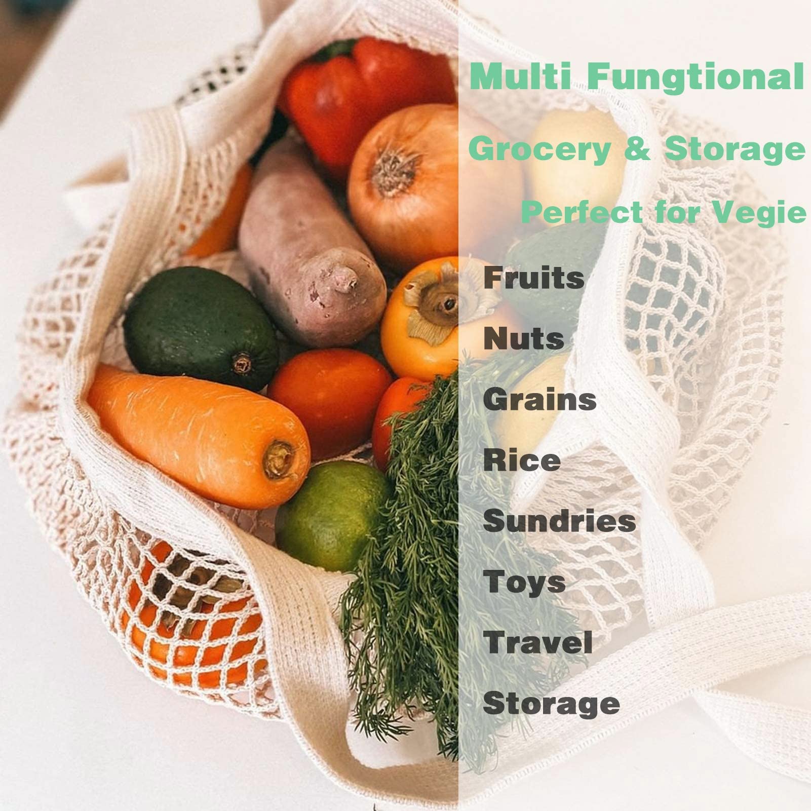 Eco-Friendly Reusable Cotton Mesh Produce Bags - Washable Grocery & Vegetable Storage Organizer with Handles | Perfect for Farmers Market, Zero Waste Shopping & Food Storage