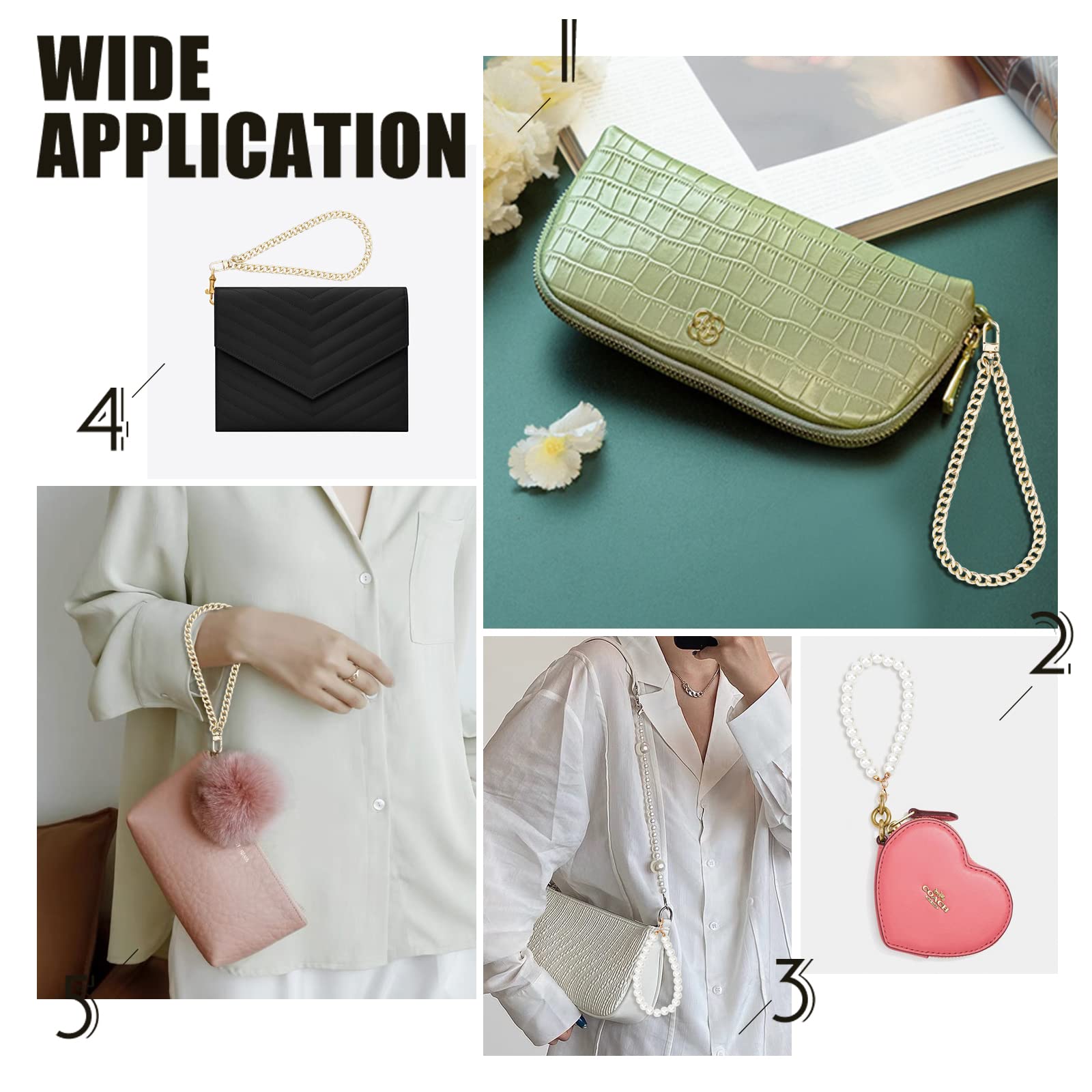 WADORN 4pcs Purse Wristlet Strap - 8.9 Inch Metal Wrist Lanyard with 3.5 Inch Pearl Bead, Keychain Holder for Women's Bags, Wallets & Cell Phones | Perfect for ID Badges, Cards & Everyday Use (2 Styles)