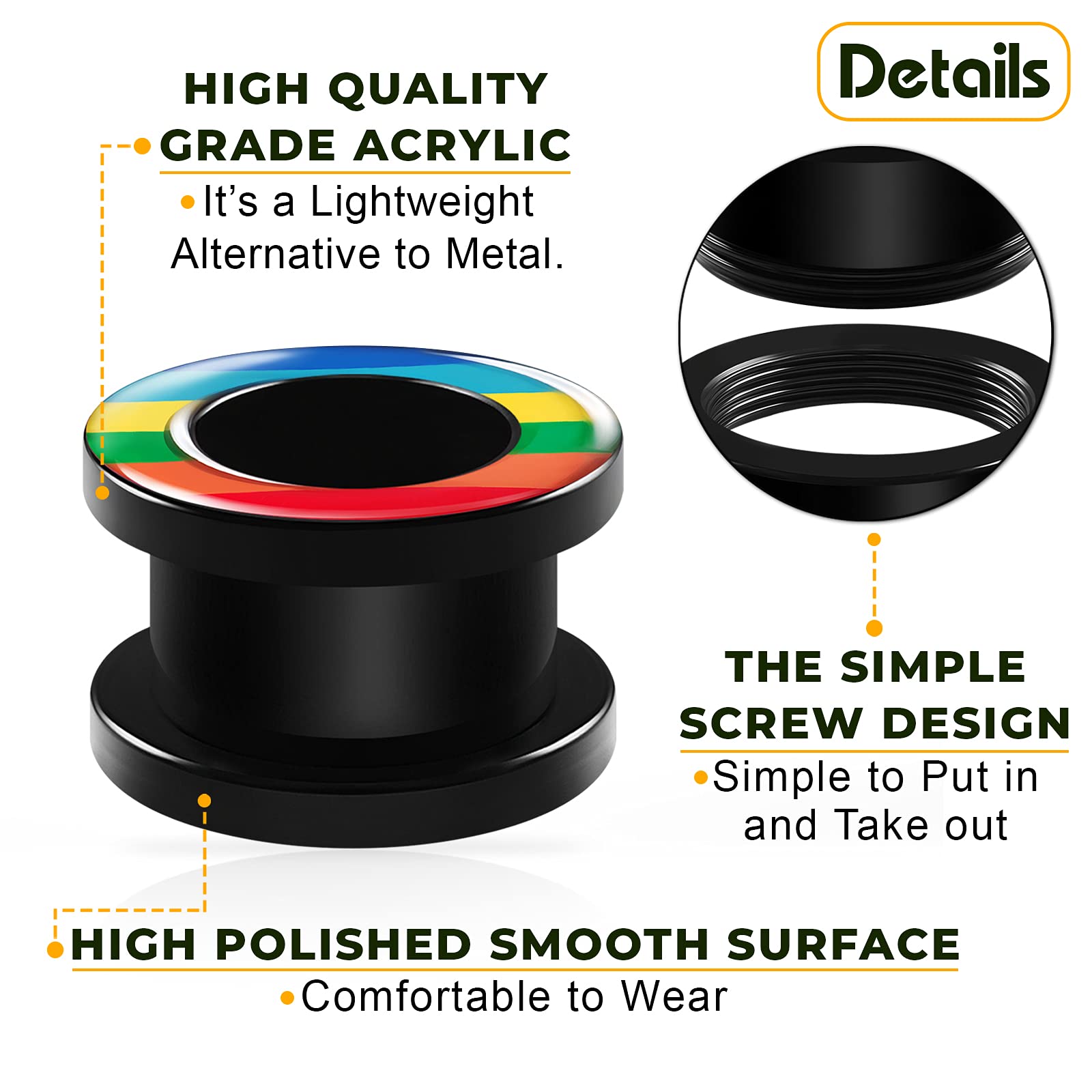 Black Acrylic Screw-Fit Tunnels with Rainbow Logo - Stretcher Ear Plugs for Gauged Ears - Body Jewelry for Men & Women - Perfect for Daily Wear, Parties & Alternative Fashion